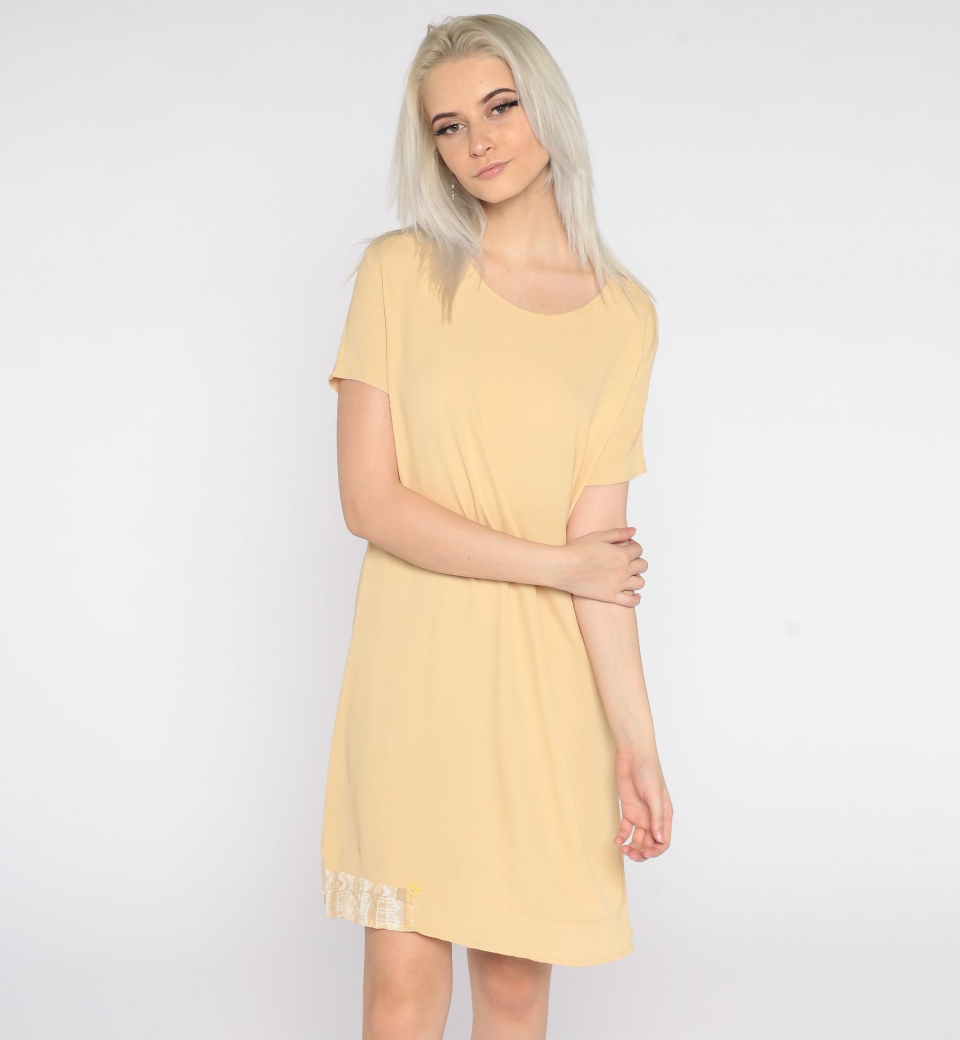 90s Yellow Mini Shift Dress Zig Zag Trim Short Sleeve Small S