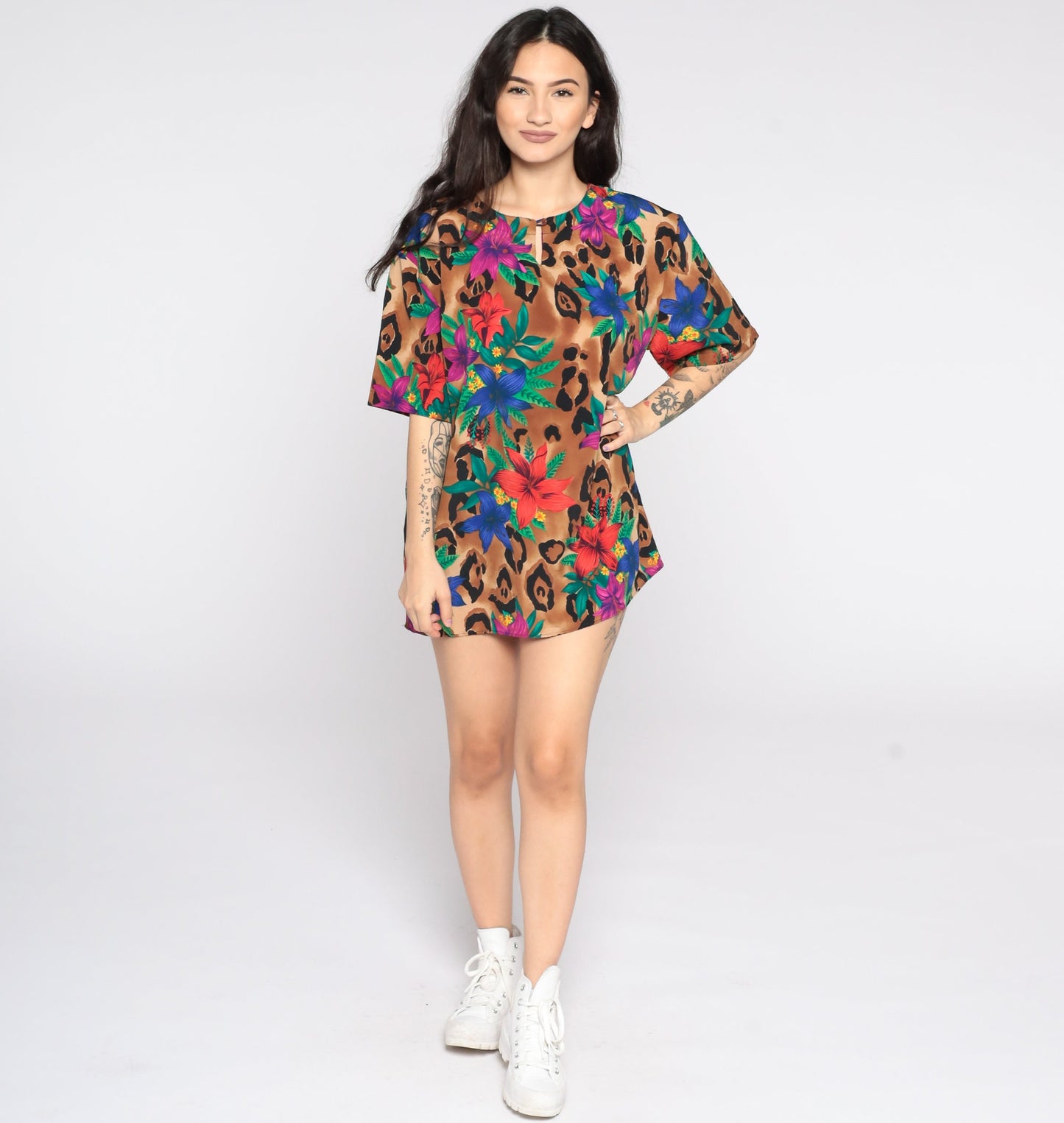 90s Tropical Floral Leopard Print Short Sleeve Blouse Large