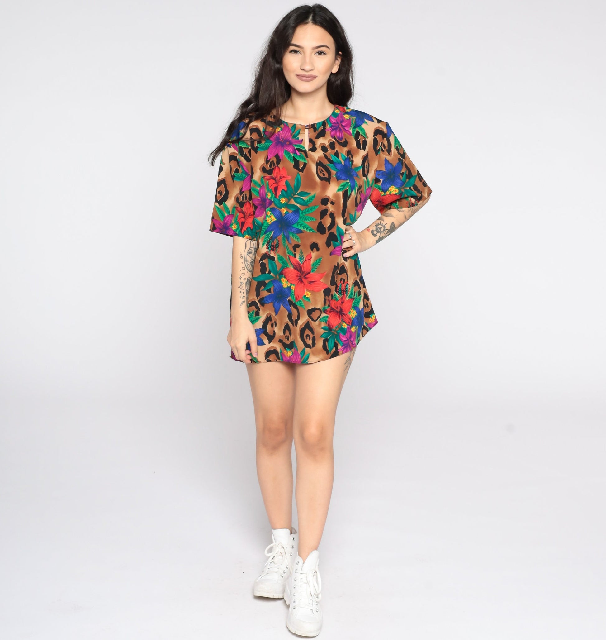 90s Tropical Floral Leopard Print Short Sleeve Blouse Large