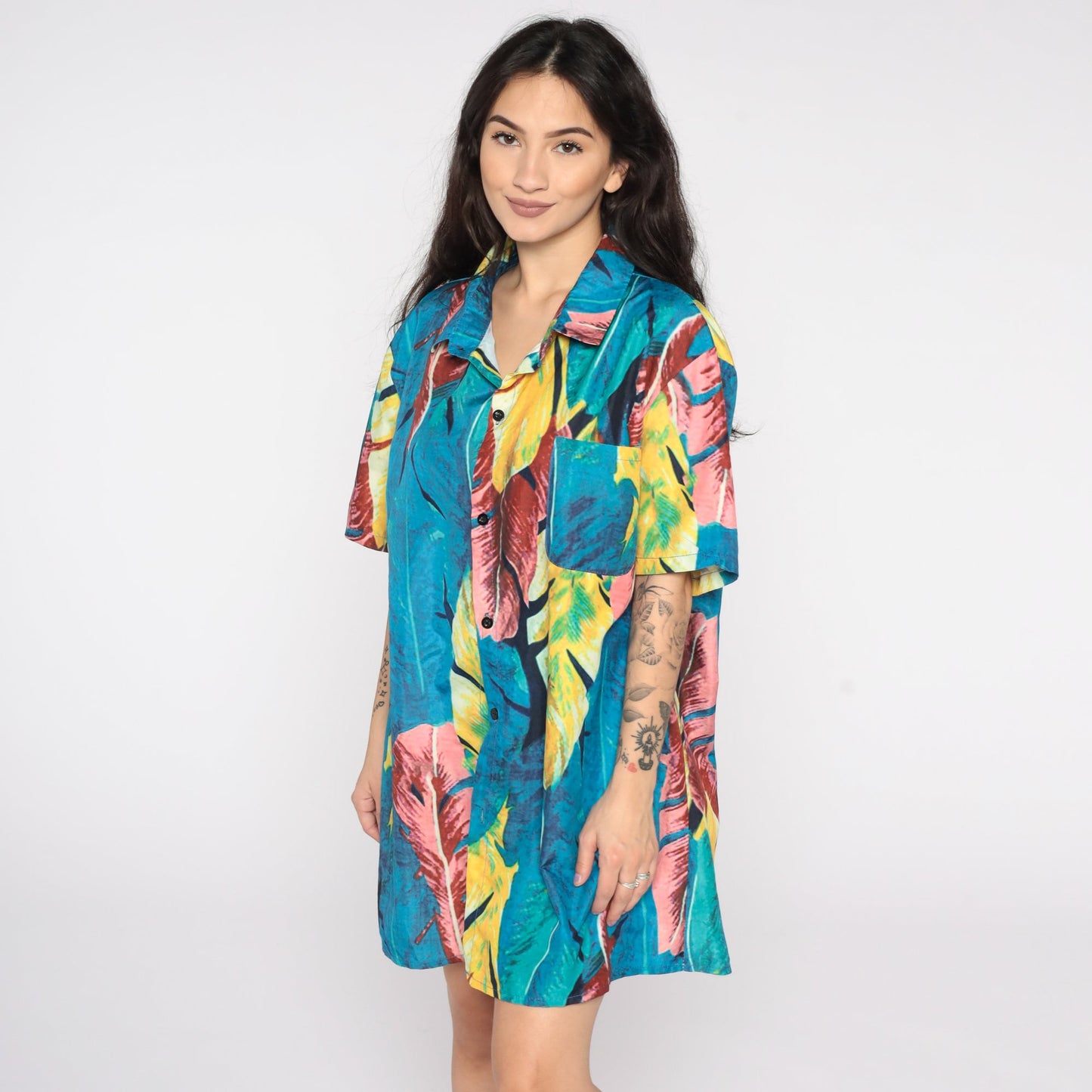 80s Tropical Leaf Print Hawaiian Button-Up Blouse Blue Short Sleeve Extra Large
