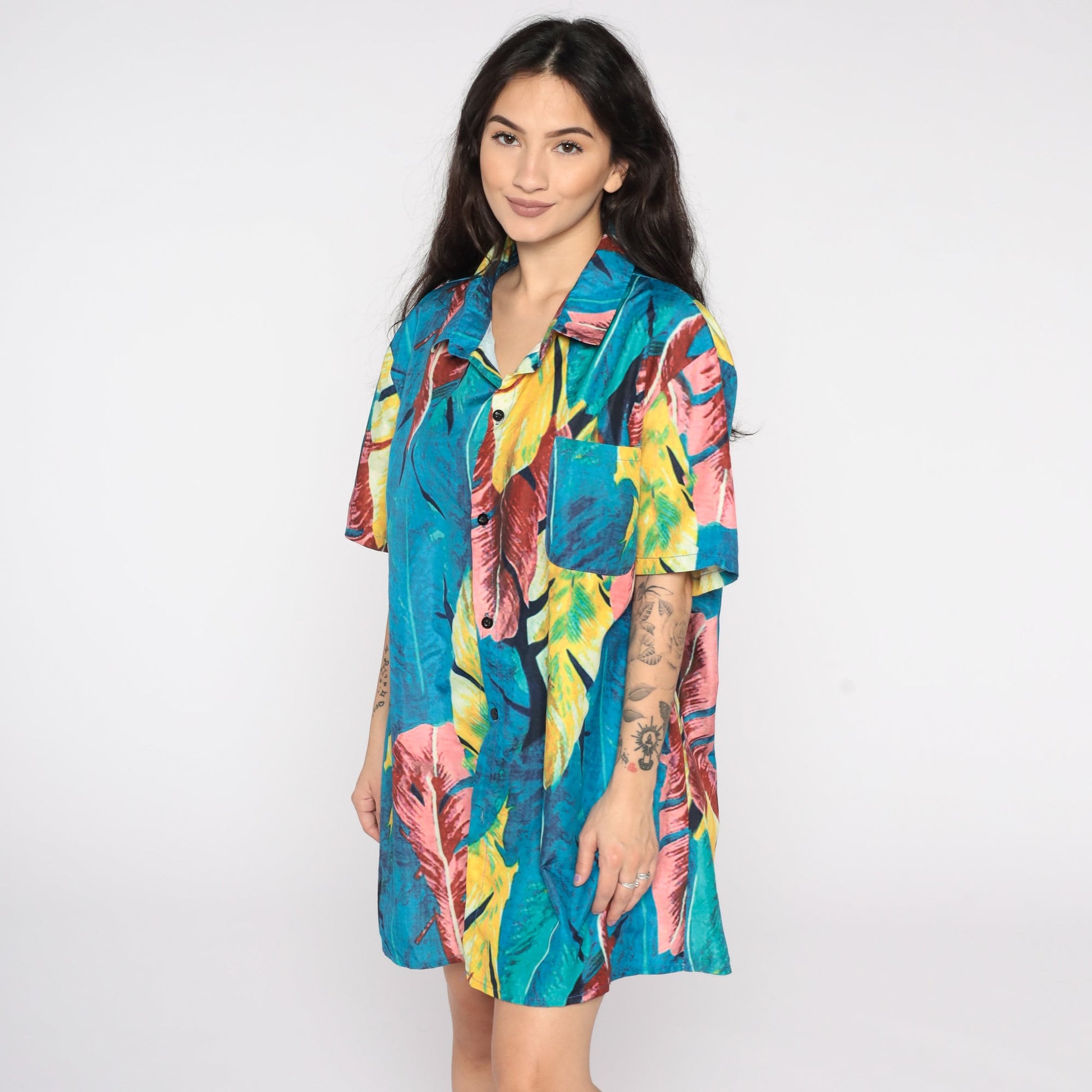 80s Tropical Leaf Print Hawaiian Button-Up Blouse Blue Short Sleeve Extra Large