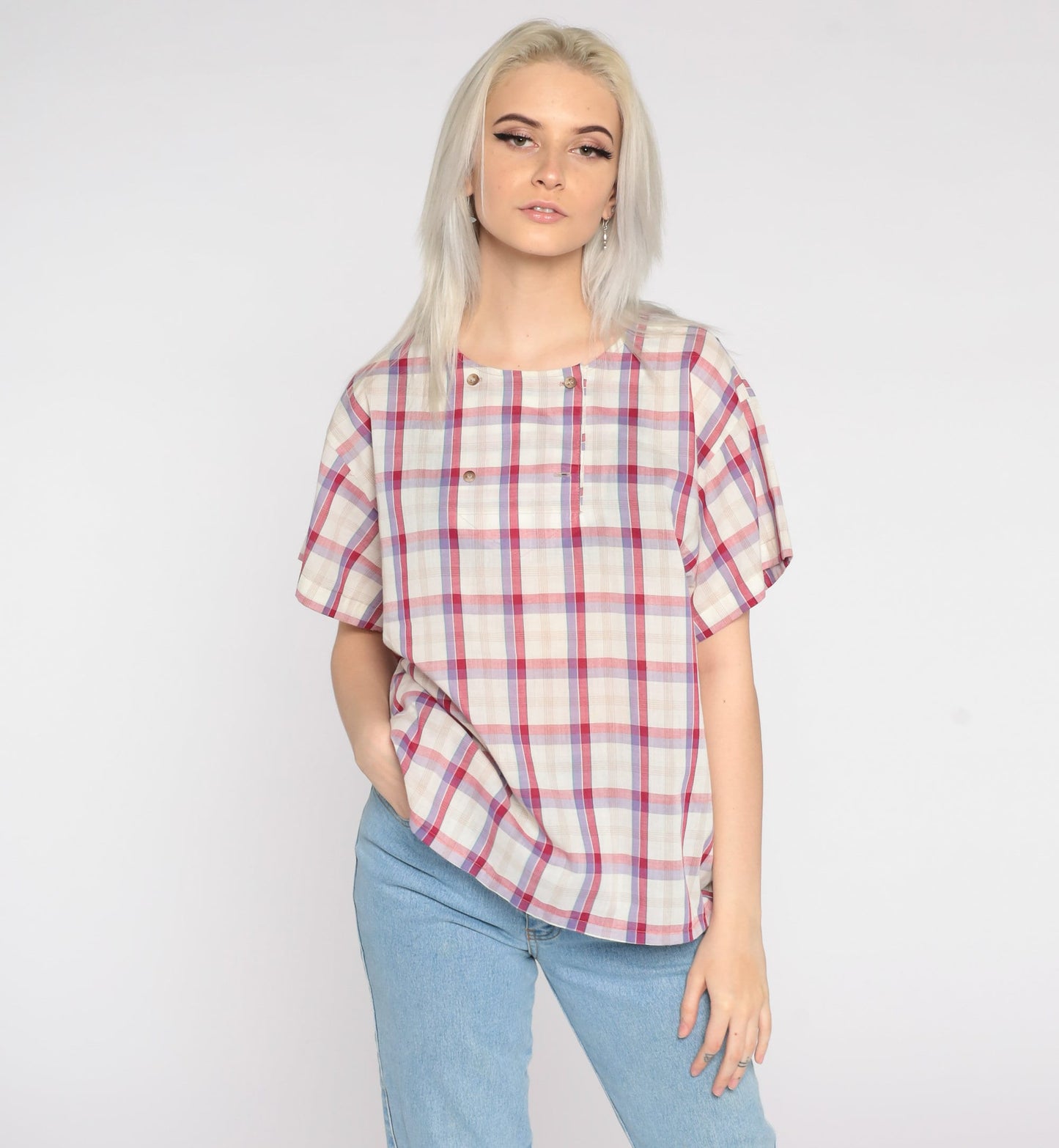 80s Koret Plaid Button-Up Blouse White Pink Cap Sleeve Medium