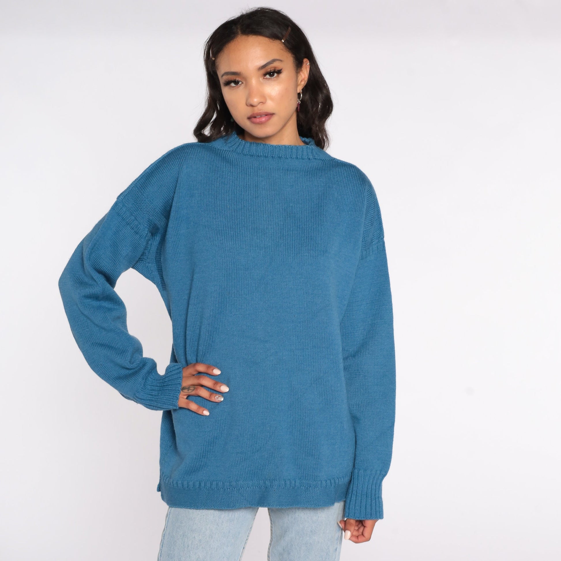 80s Blue Wool Pullover Sweater Men's Large Knit Jumper