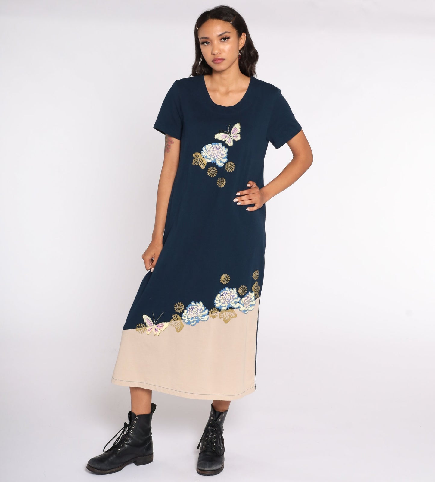 90s Butterfly Floral Metallic Print Midi Shift Dress Blue Short Sleeve Medium