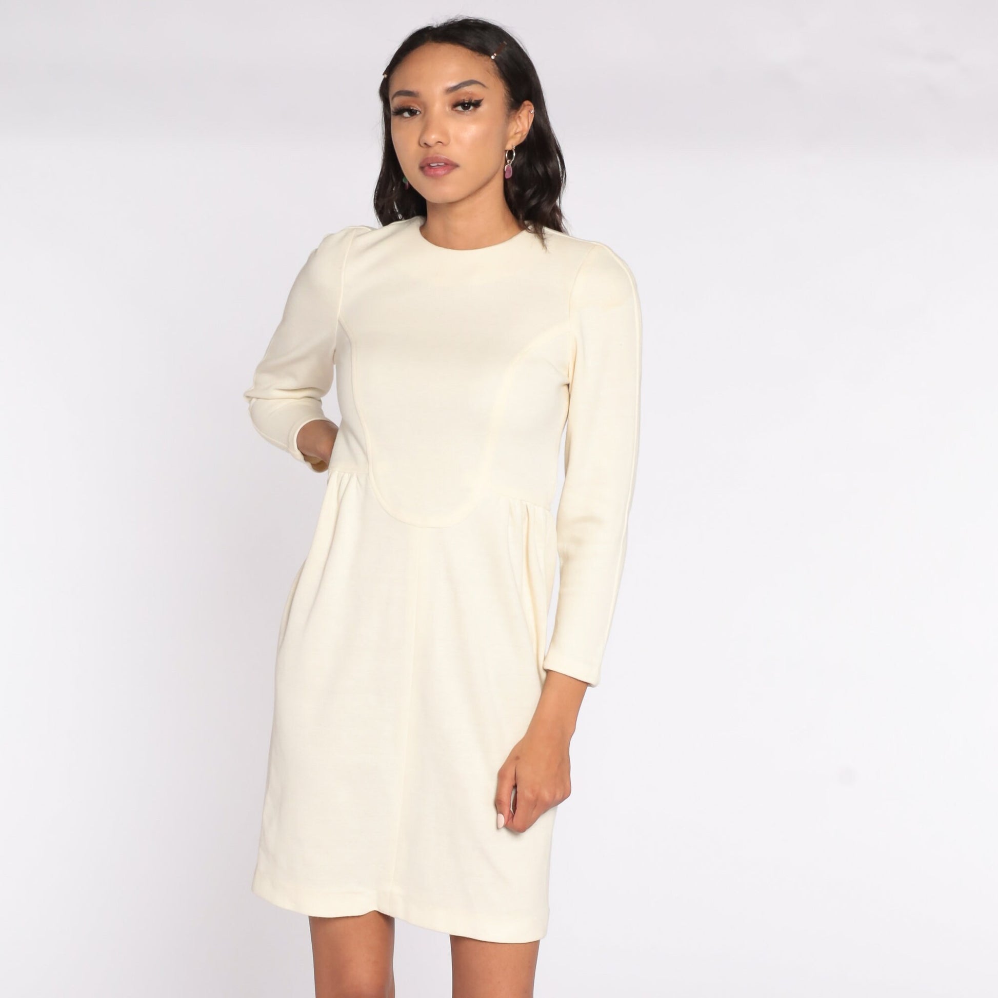 90s Cream Knit Mini Dress High Waist Long Sleeve Extra Small XS