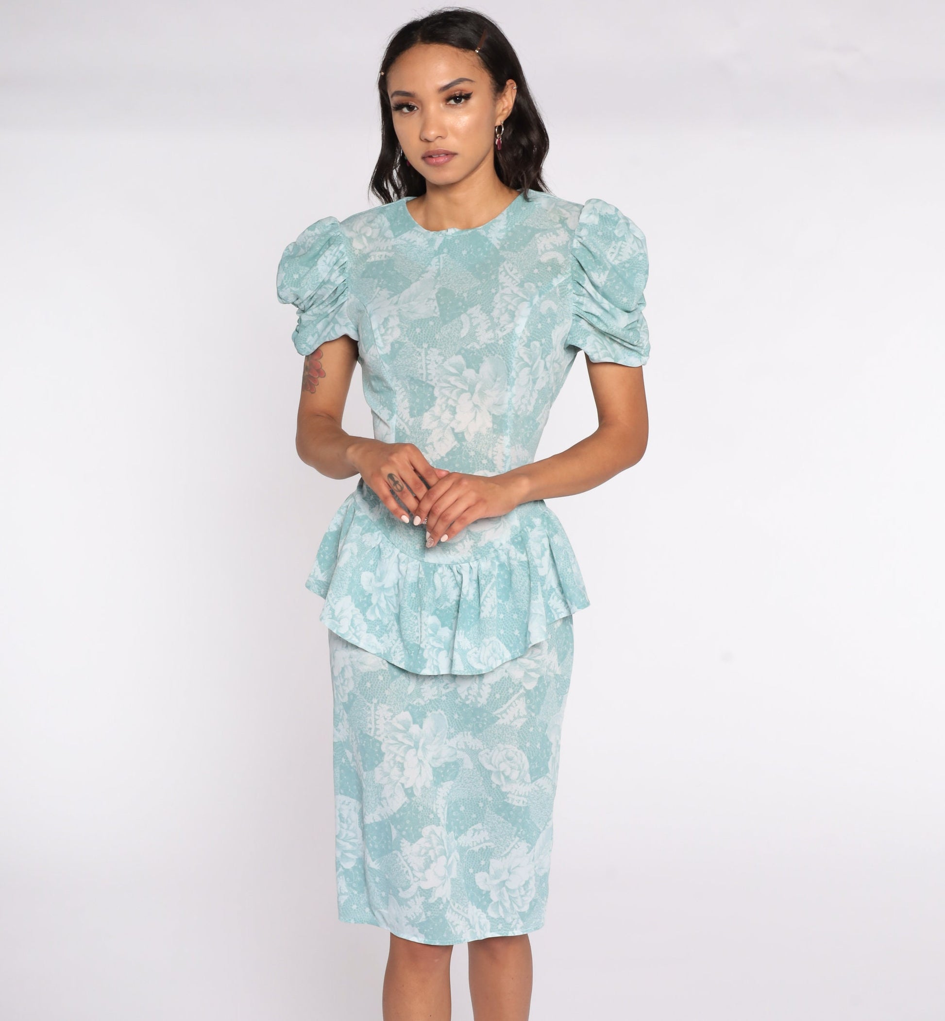 80s Blue-Green Floral Peplum Midi Dress Puff Sleeve Pencil Small