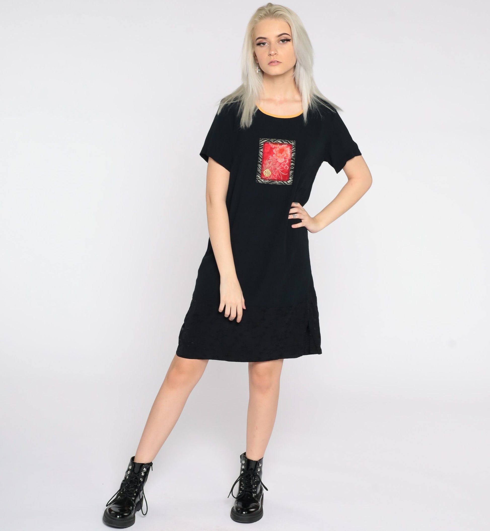 90s Black Mini Shift Dress Floral Embroidery Short Sleeve Small S
