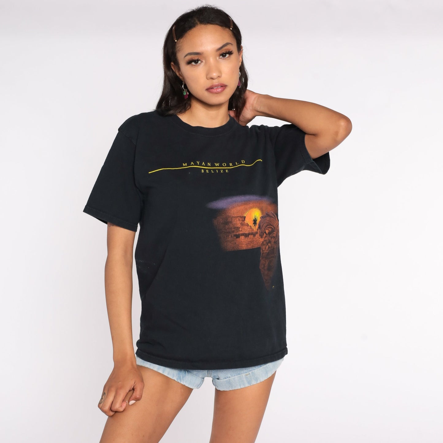 90s Belize Mayan Ruins Graphic T-Shirt Black Cotton Tee Medium
