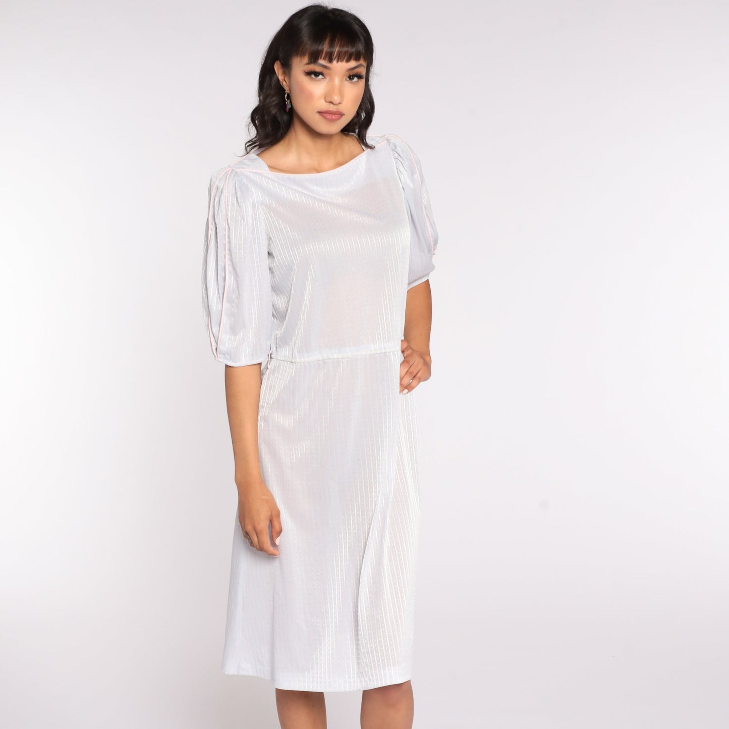 80s Grey Striped Puff Sleeve Midi Dress Semi-Sheer Medium