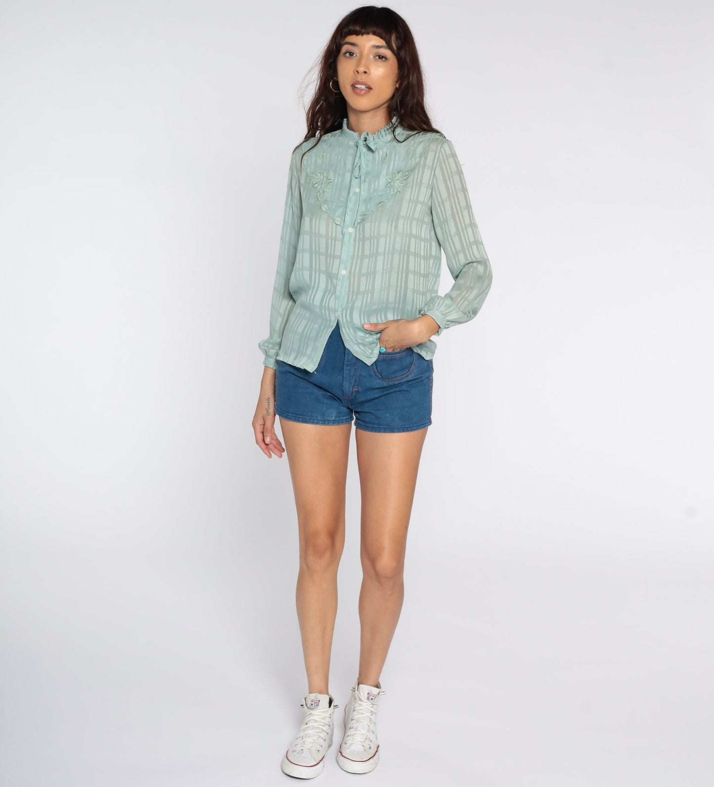 80s Blue Striped Floral Ascot Blouse Embroidered Sheer Button Up Small