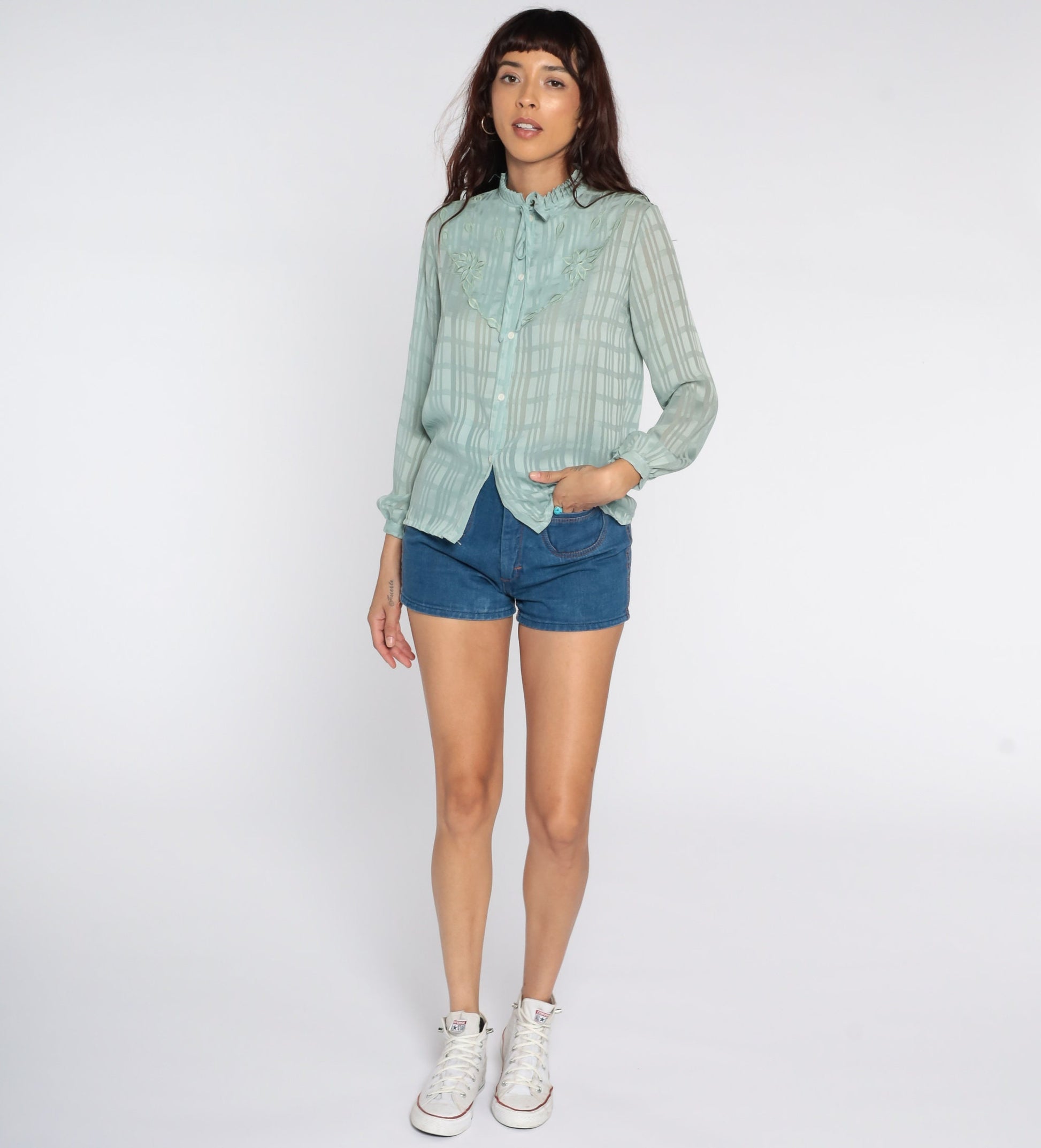 80s Blue Striped Floral Ascot Blouse Embroidered Sheer Button Up Small