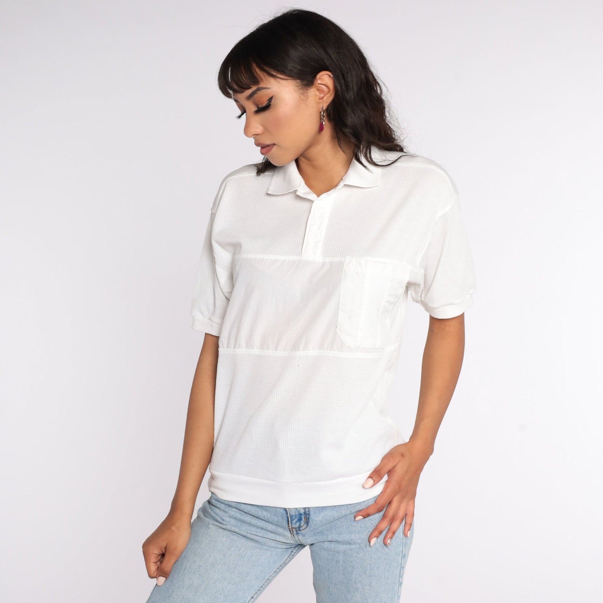 80s White Button Neck Short Sleeve Shirt Cotton Blend Small S