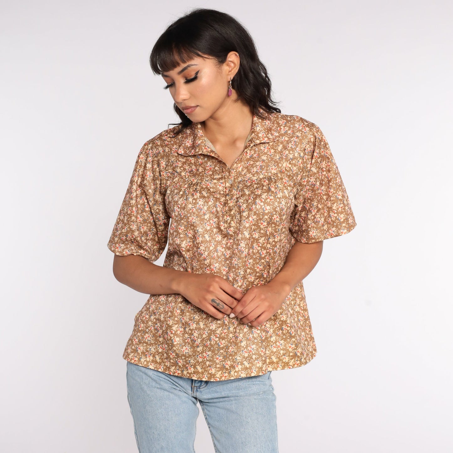 70s Brown Floral Button-Up Shirt Short Sleeve Blouse Large L