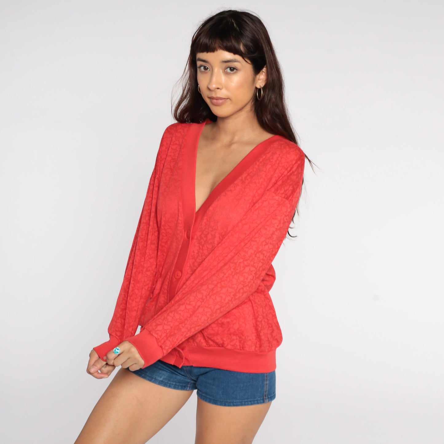 80s Red Floral Cardigan Sweatshirt Semi-Sheer Button-Up Medium Large