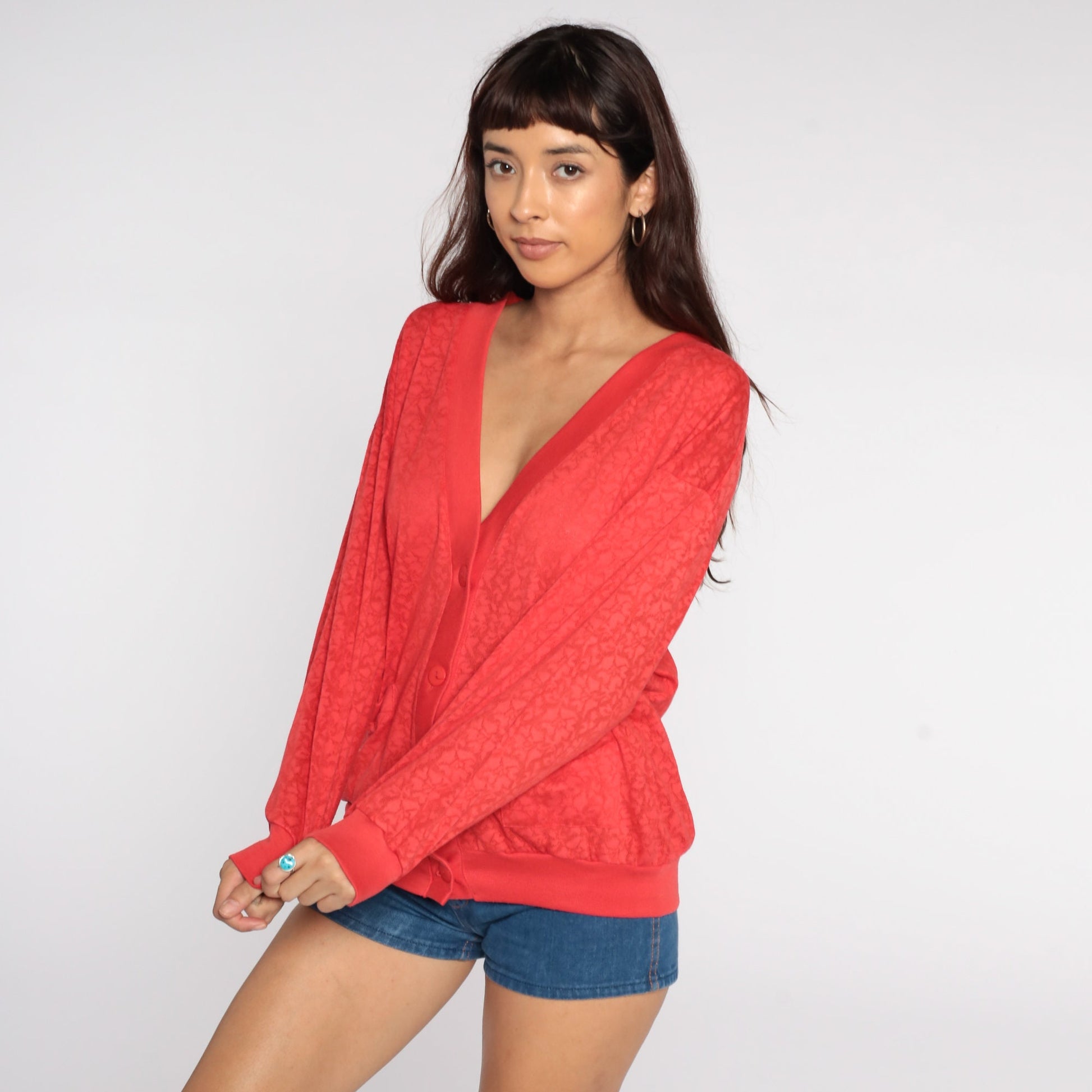 80s Red Floral Cardigan Sweatshirt Semi-Sheer Button-Up Medium Large