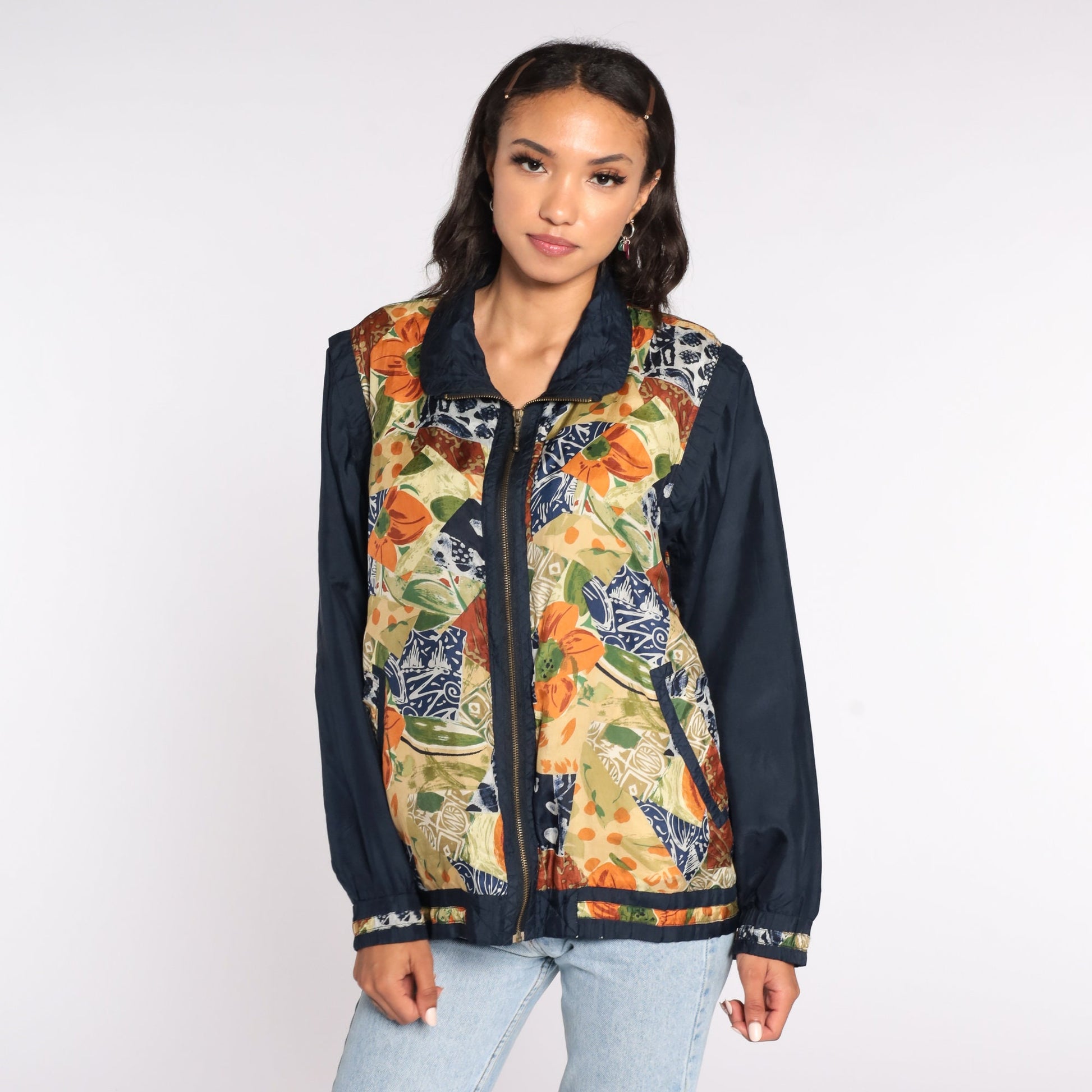 90s Silk Windbreaker Jacket Floral Print Black Tan Medium