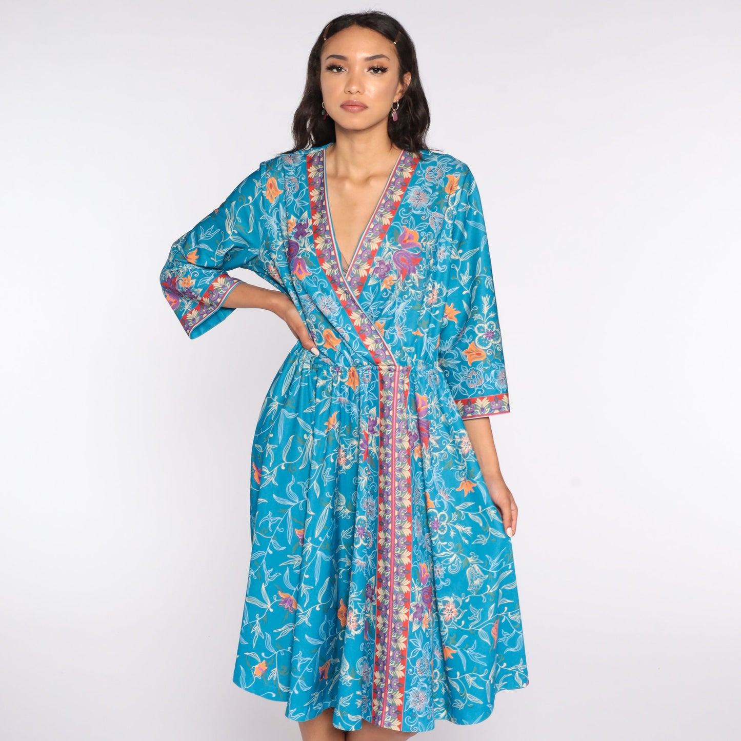 70s Blue Floral Wrap Midi Dress Deep V Neck Long Sleeve Extra Large