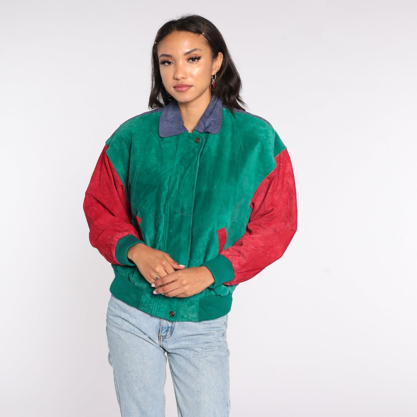 90s Wilsons Suede Varsity Jacket Colour Block Green Red Blue Small S