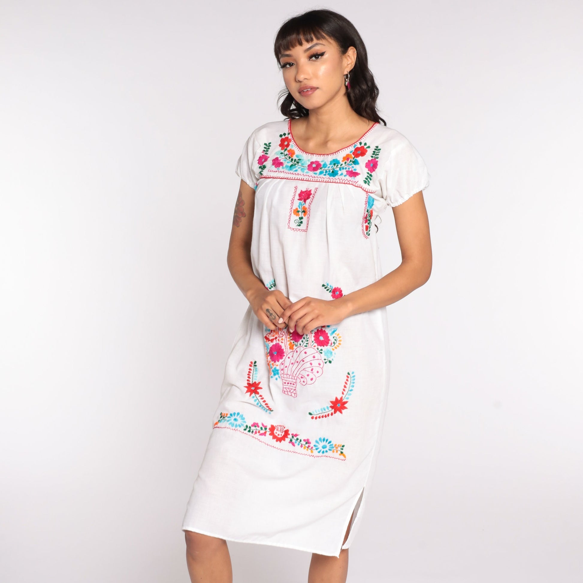 80s Mexican White Cotton Midi Dress Embroidered Puff Sleeve Tunic Small