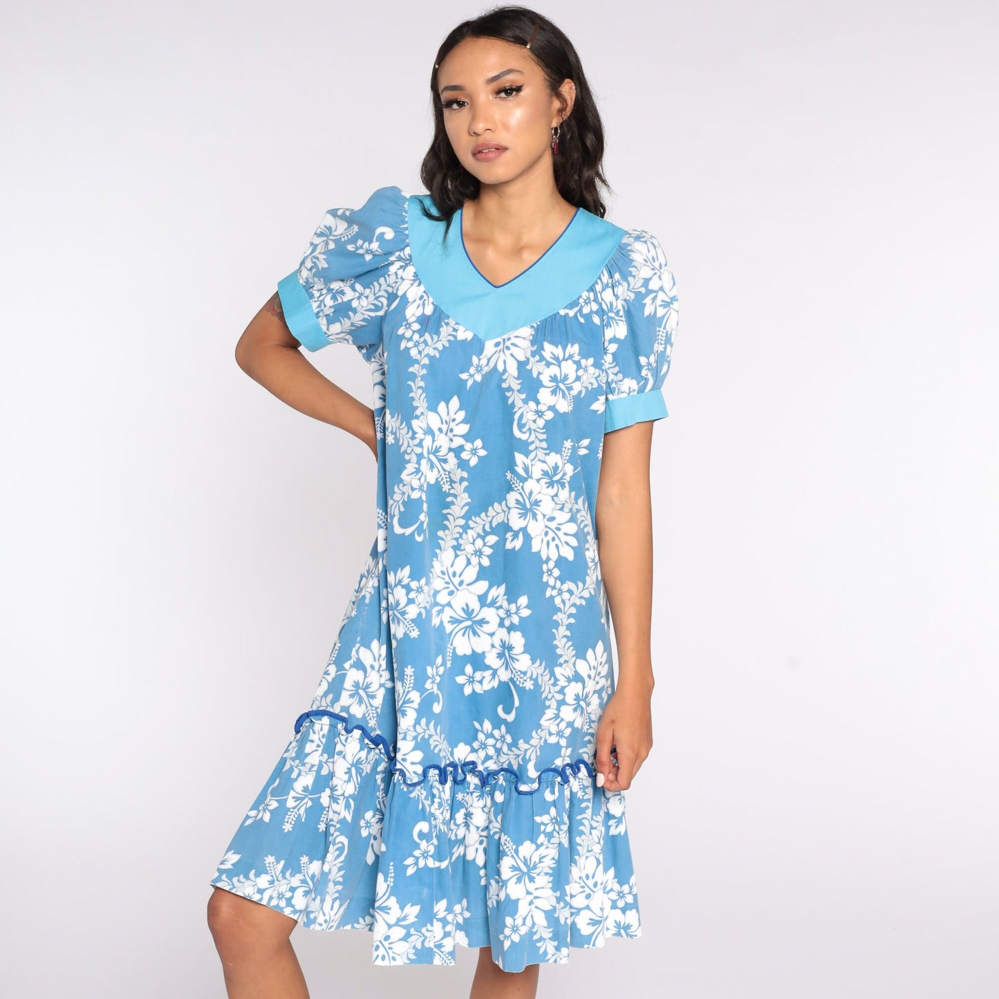 80s Floral Midi Dress Puff Sleeve Tent Cut Blue Cotton Medium