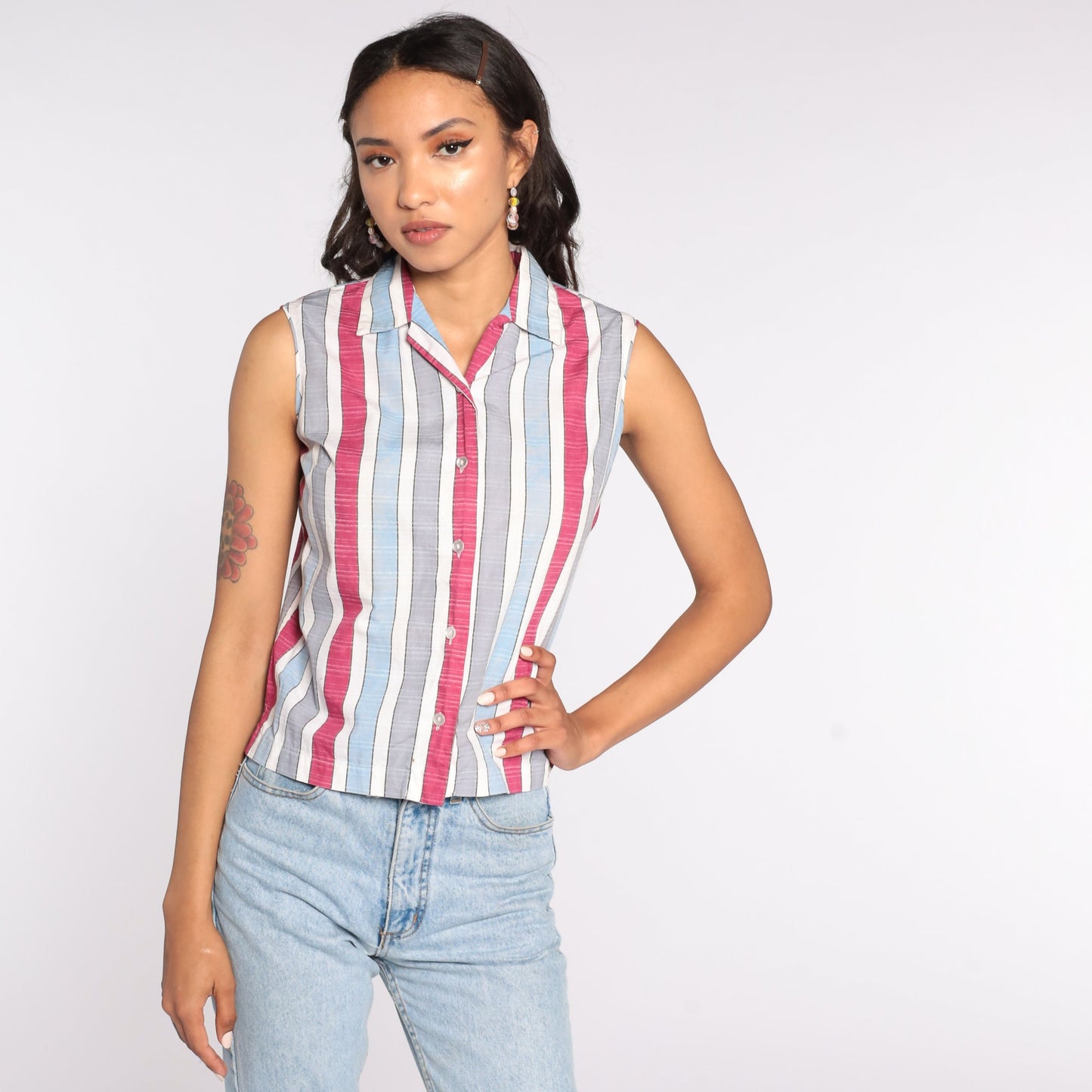 70s Striped Sleeveless Button-Up Blouse Cotton Blend Extra Small