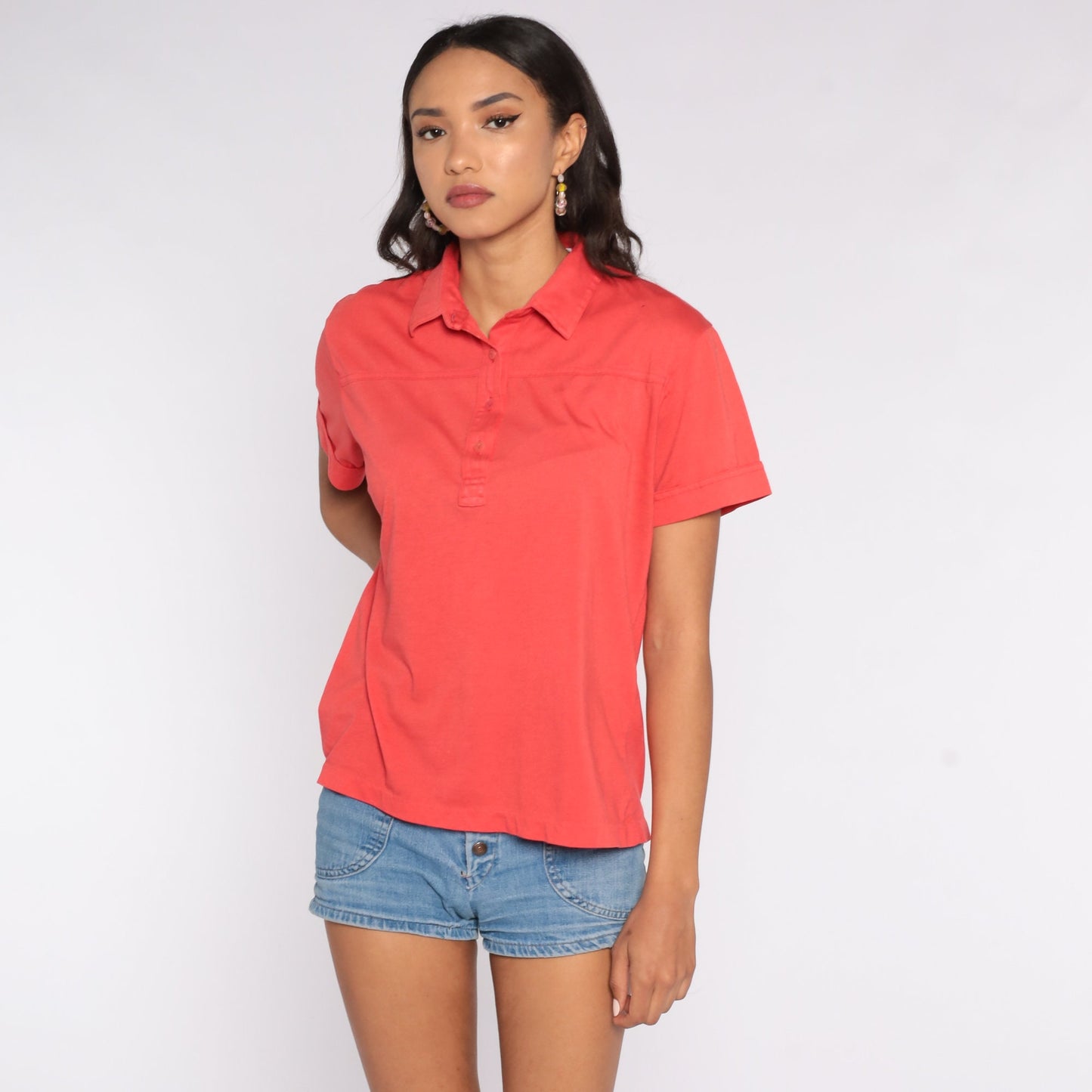 80s Red Polo Shirt Half Button Collared Cotton Blend Medium