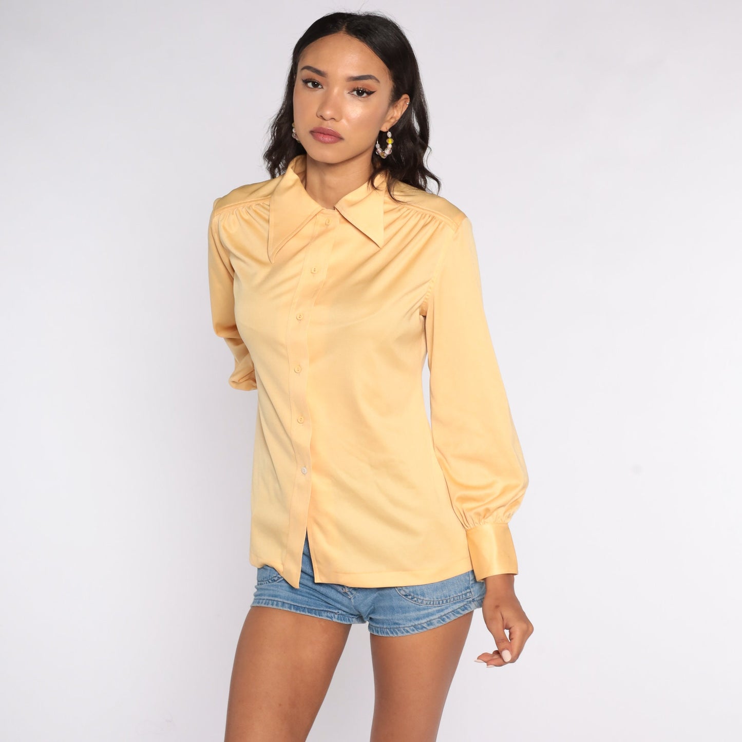 70s Orange Long Sleeve Button Up Shirt Dagger Collar Disco Blouse Medium