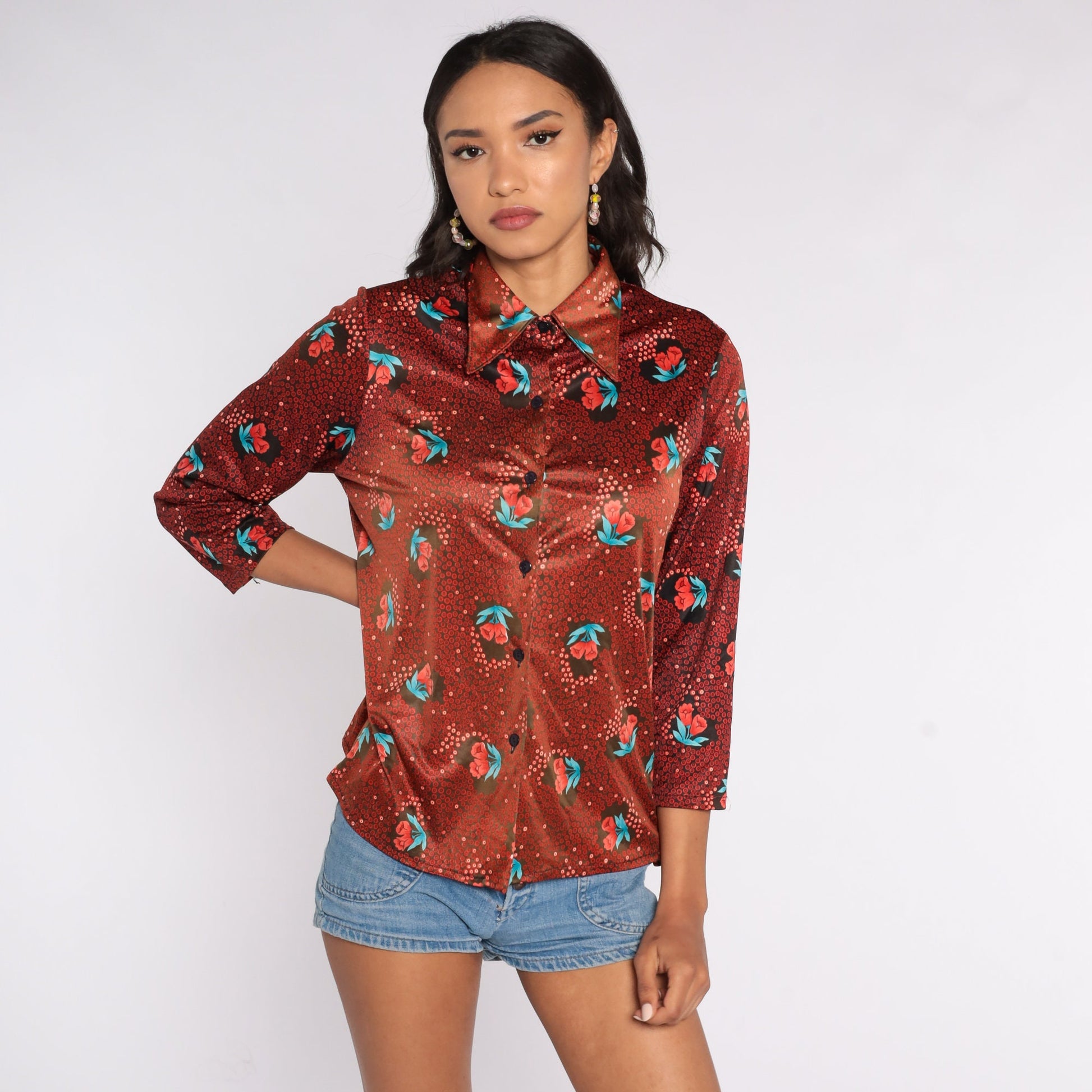 70s Floral Button-Up Shirt Red Flower Print Long Sleeve Blouse Medium Large