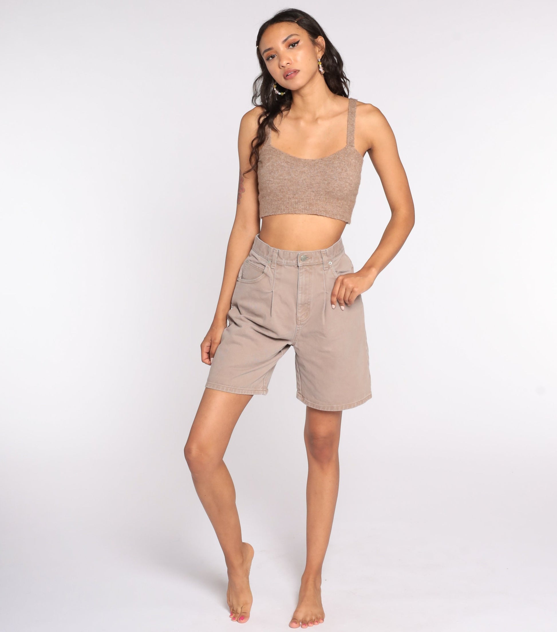 90s Cenza Tan Denim Shorts High Waisted Pleated Jean Bermuda Small