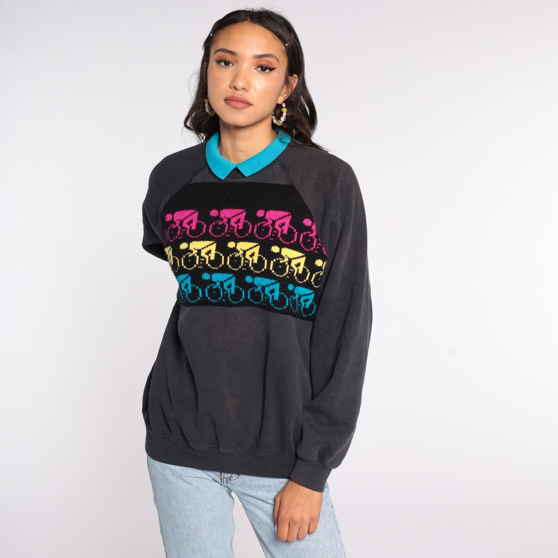 90s Hanes Cycling Graphic Sweatshirt Collared Pullover Large L