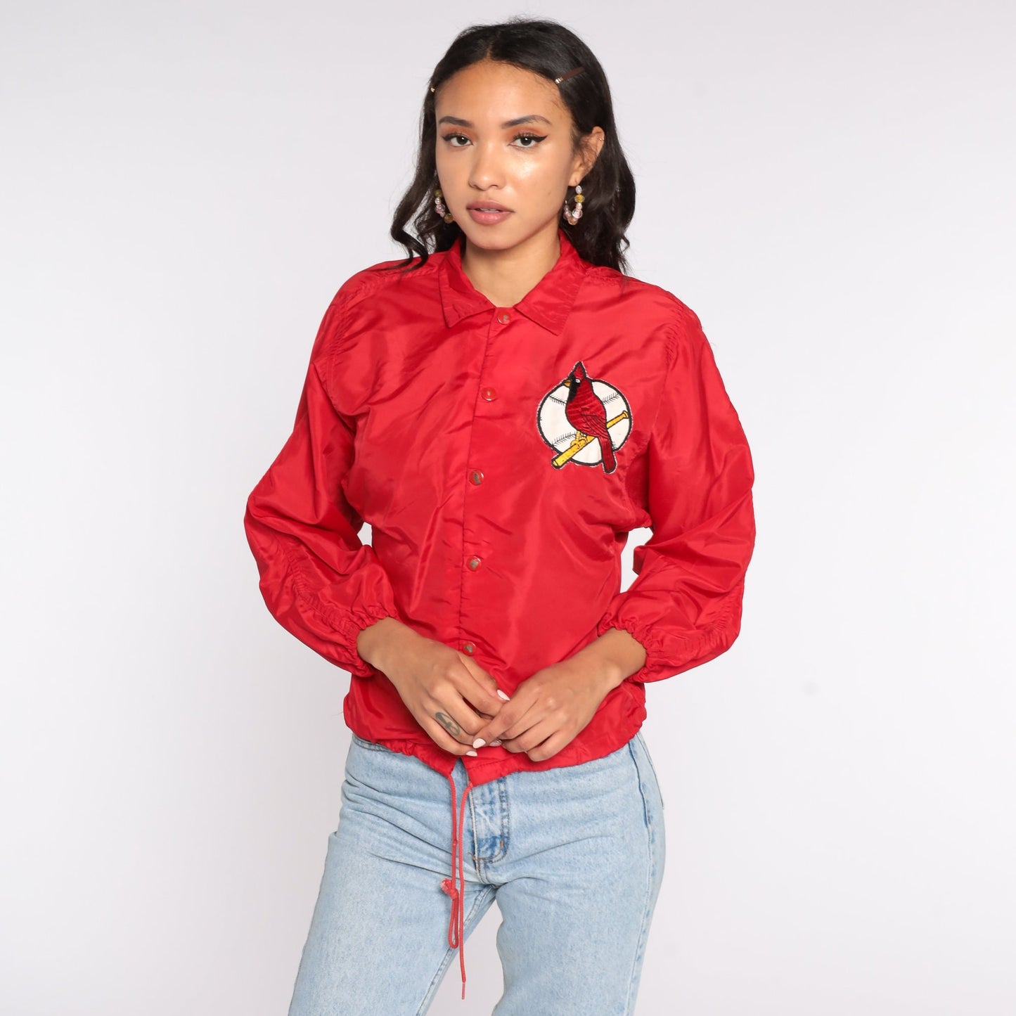 80s St Louis Cardinals MLB Snap Jacket Nylon Coach Varsity Red Extra Small