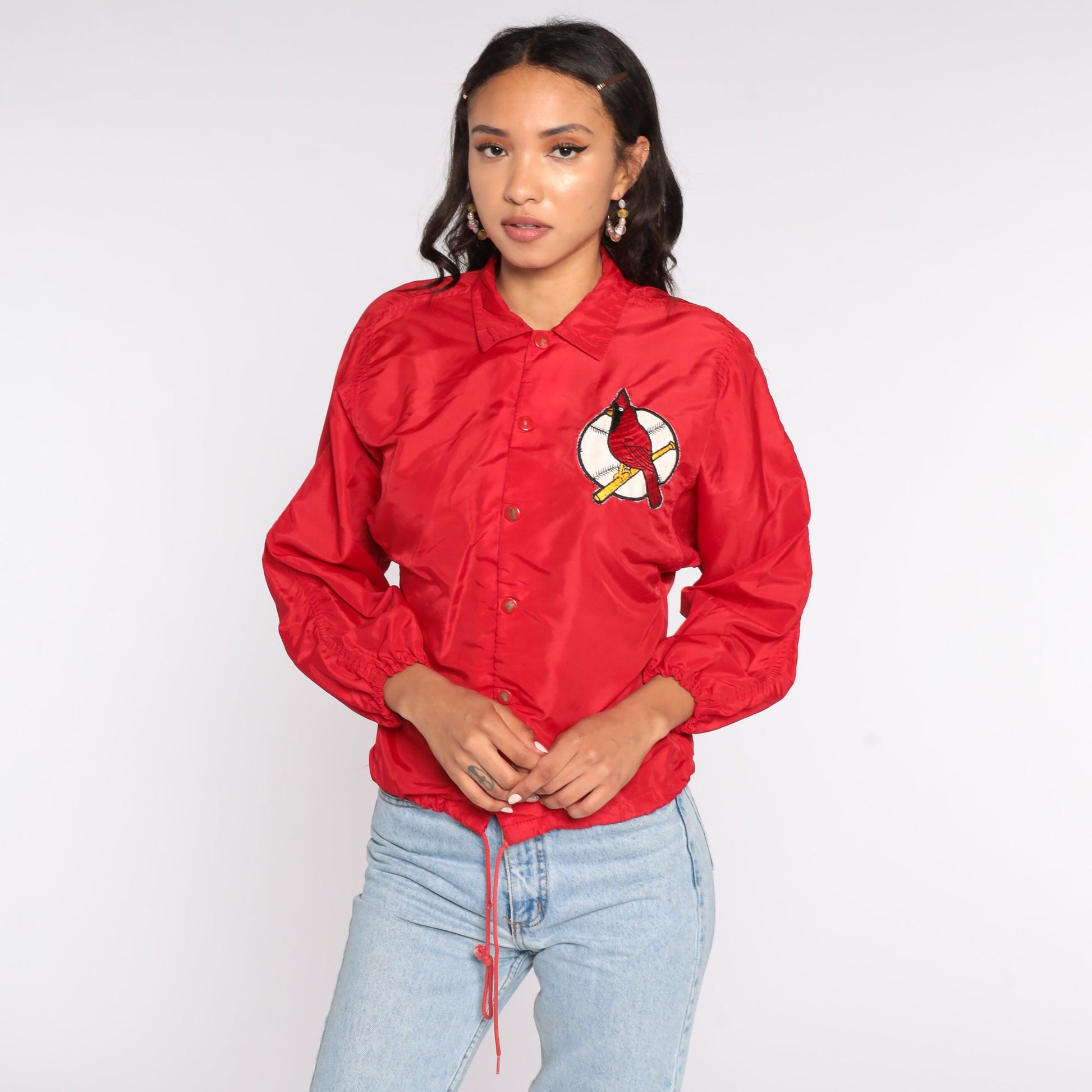 80s St Louis Cardinals MLB Snap Jacket Nylon Coach Varsity Red Extra Small