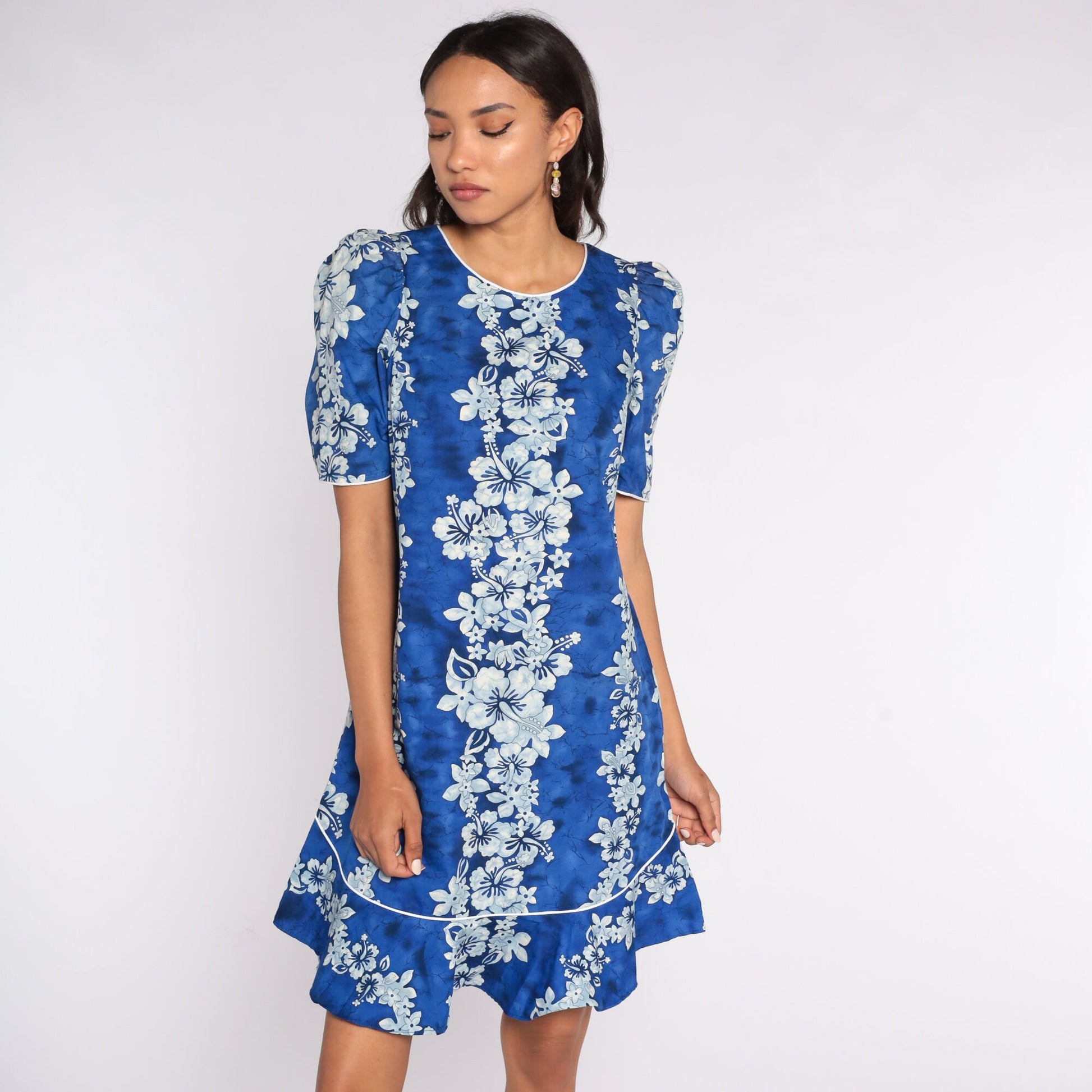 80s Hawaiian Floral Mini Dress Puff Sleeve Shift Cotton Small