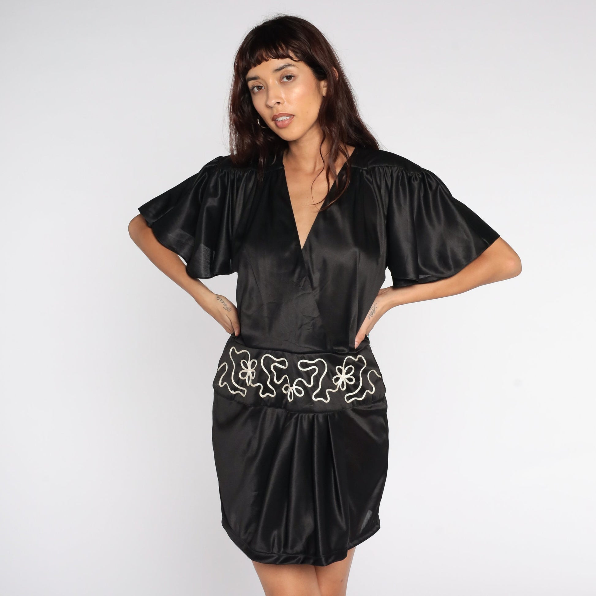 70s Fredericks of Hollywood Black Mini Dress Flutter Sleeve Deep V Wrap Neckline Medium Large