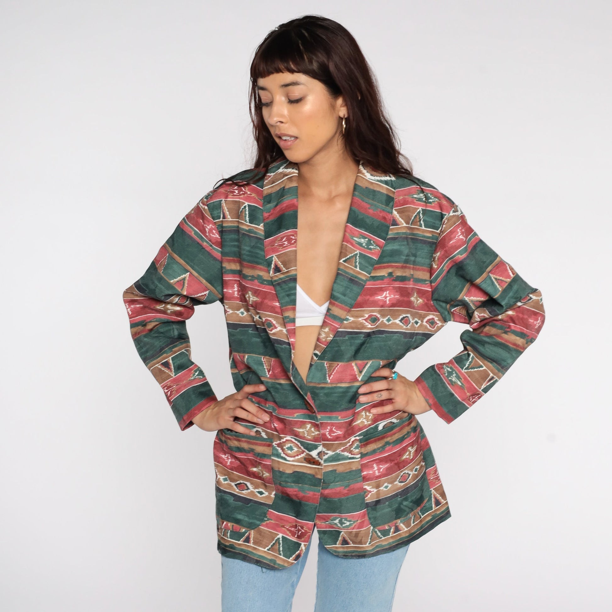 80s Southwestern Tribal Aztec Blazer Cotton Jacket Medium
