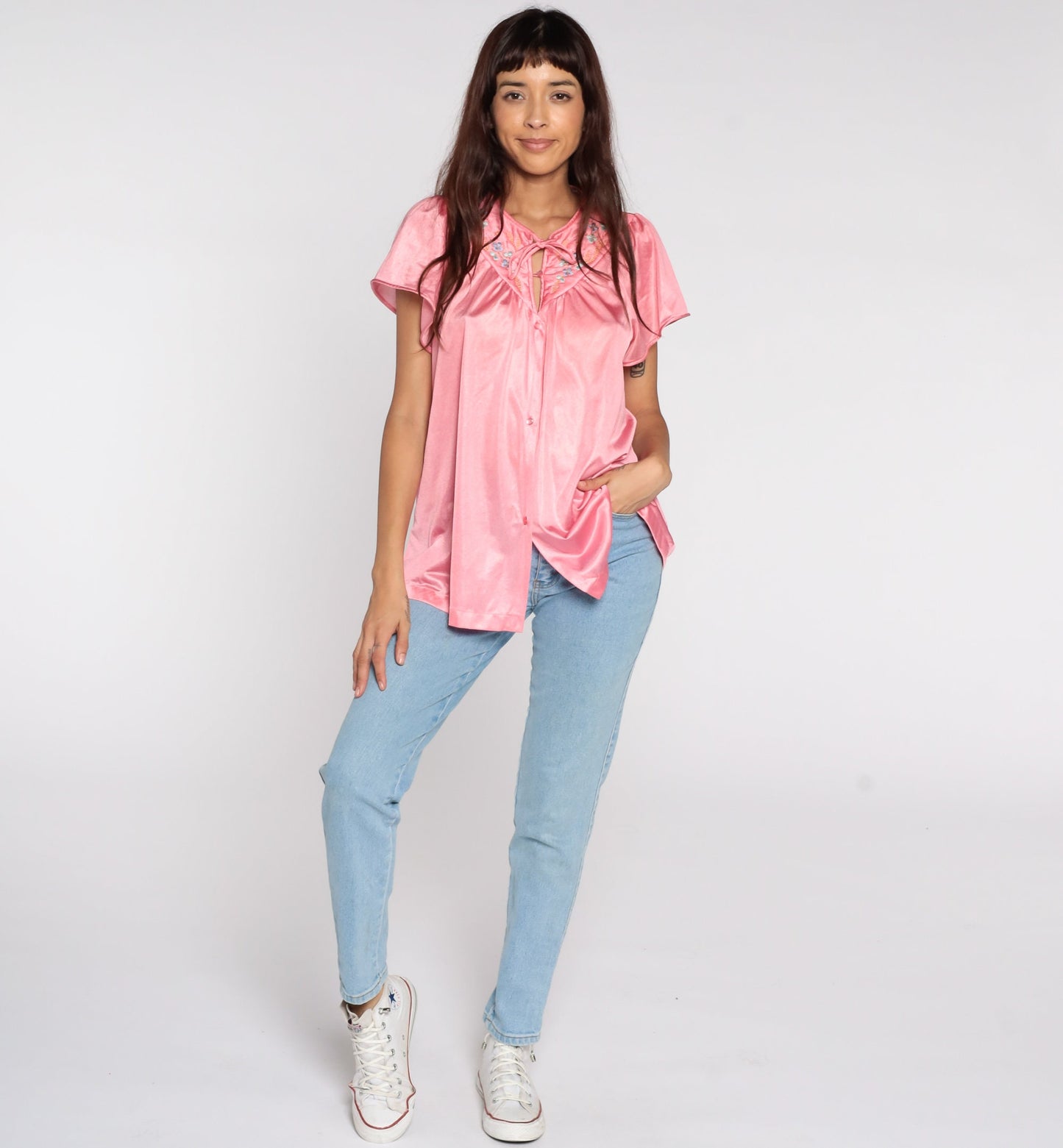 80s Vanity Fair Pink Nylon Pajama Shirt Puff Sleeve Button-Up Medium