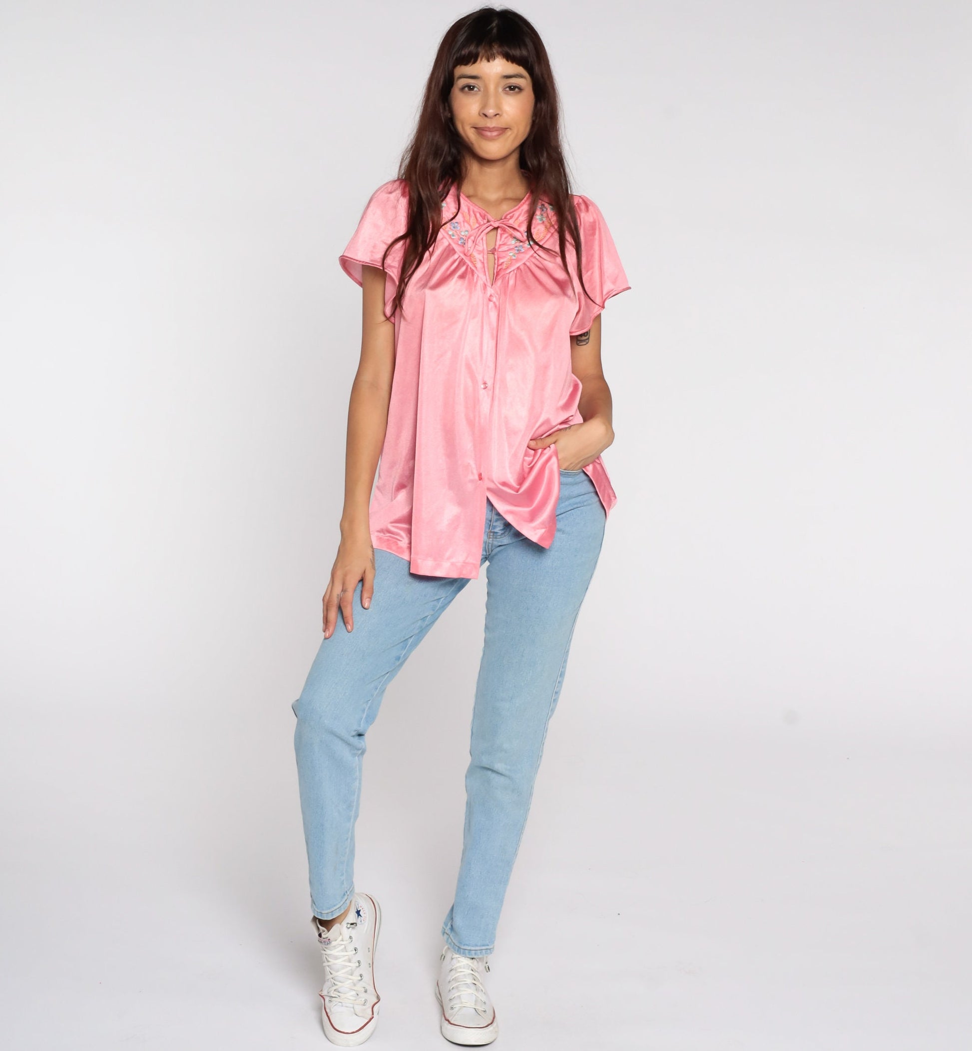 80s Vanity Fair Pink Nylon Pajama Shirt Puff Sleeve Button-Up Medium