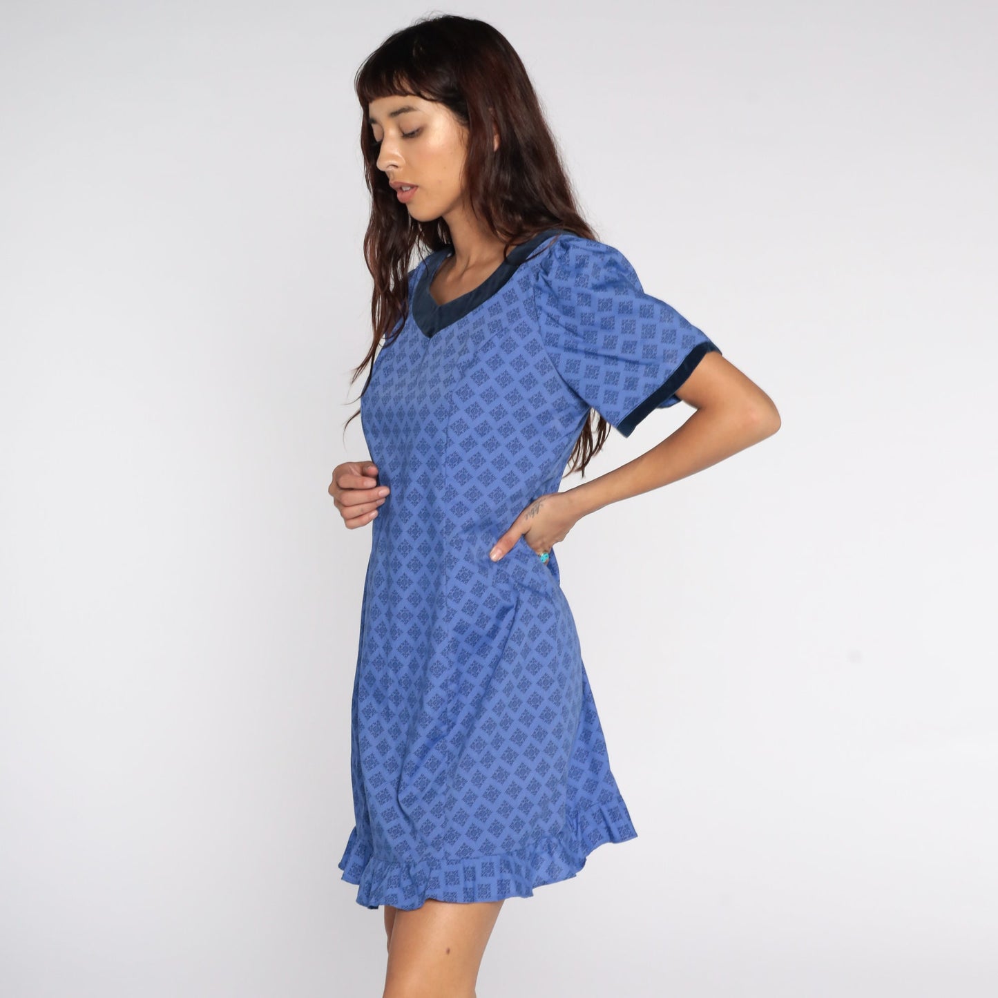 80s Purple Geometric Puff Sleeve Mini Dress Shift Cotton Medium