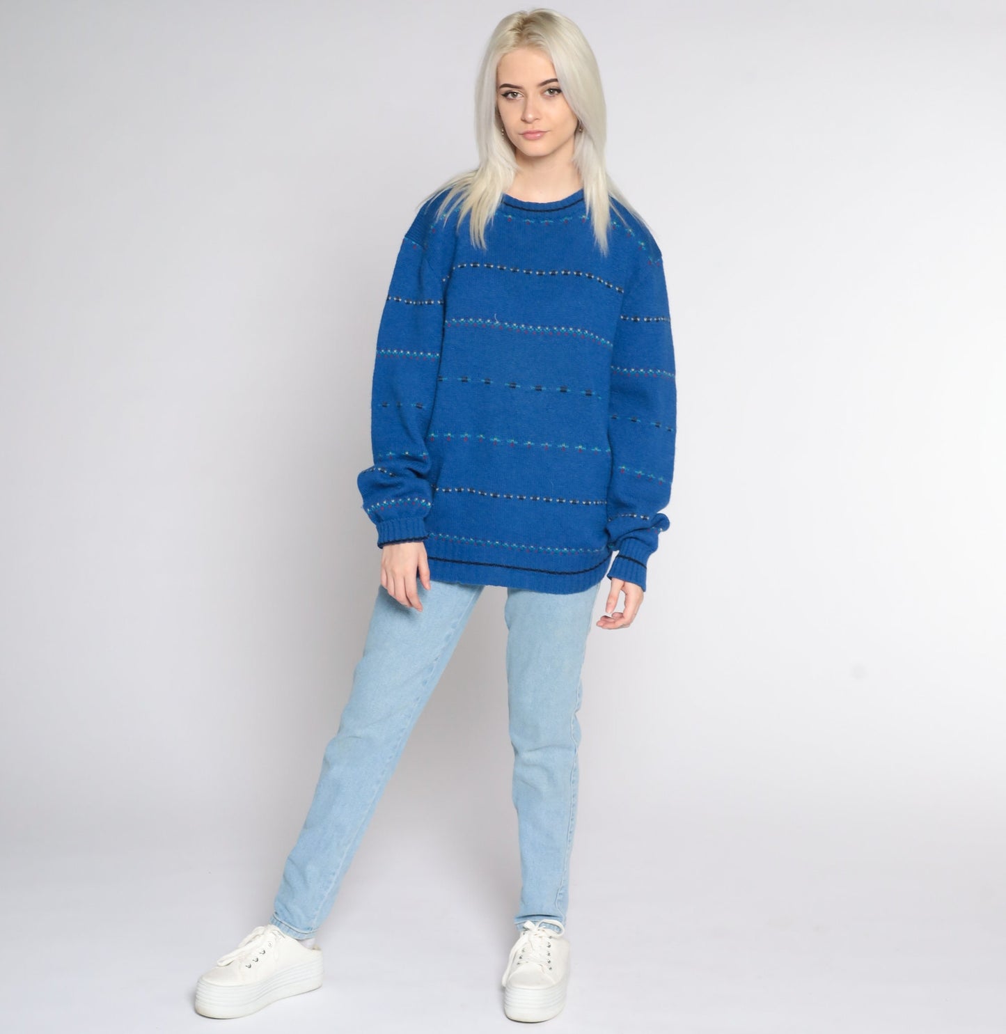 80s Gant Wool Striped Crewneck Sweater Blue Pullover Large