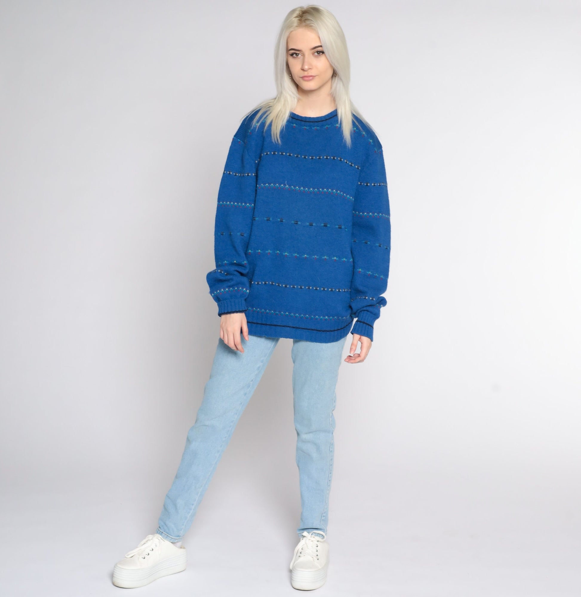 80s Gant Wool Striped Crewneck Sweater Blue Pullover Large