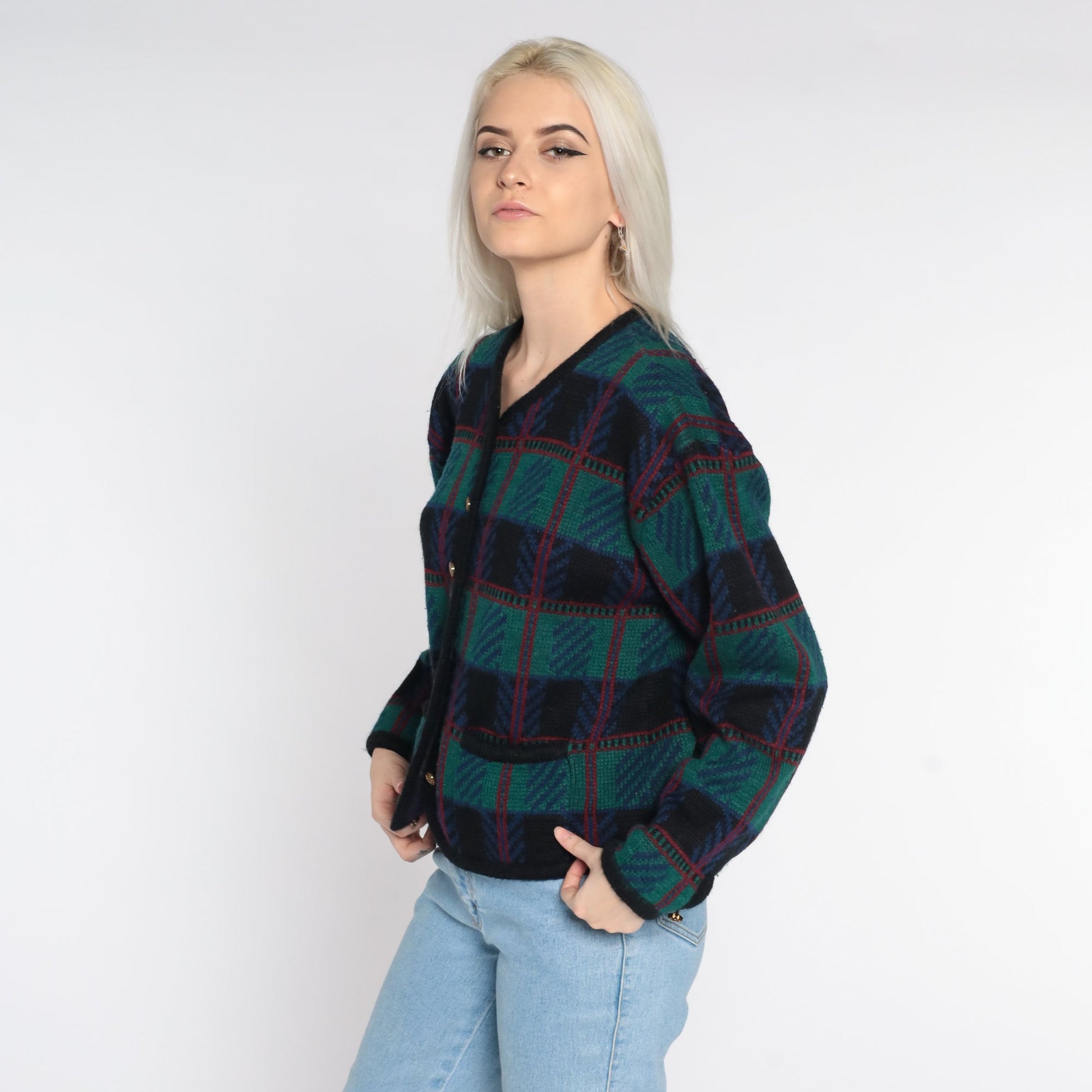 80s Checkered Cardigan Sweater Green Black Knit Button-Up Large
