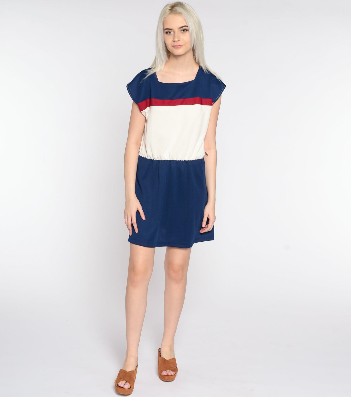 70s Striped Mini Dress White Blue Burgundy Cap Sleeve High Waist Medium