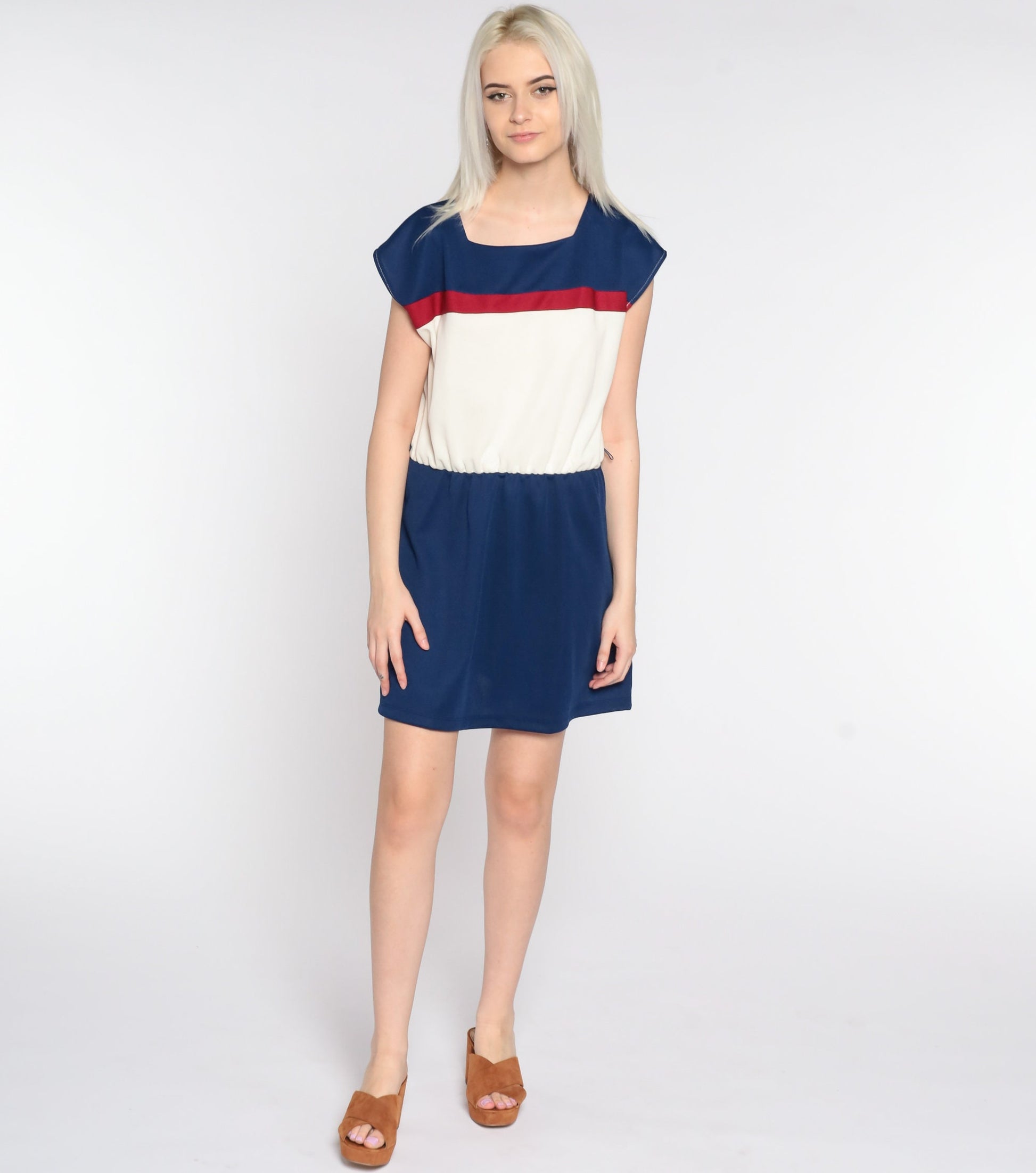 70s Striped Mini Dress White Blue Burgundy Cap Sleeve High Waist Medium