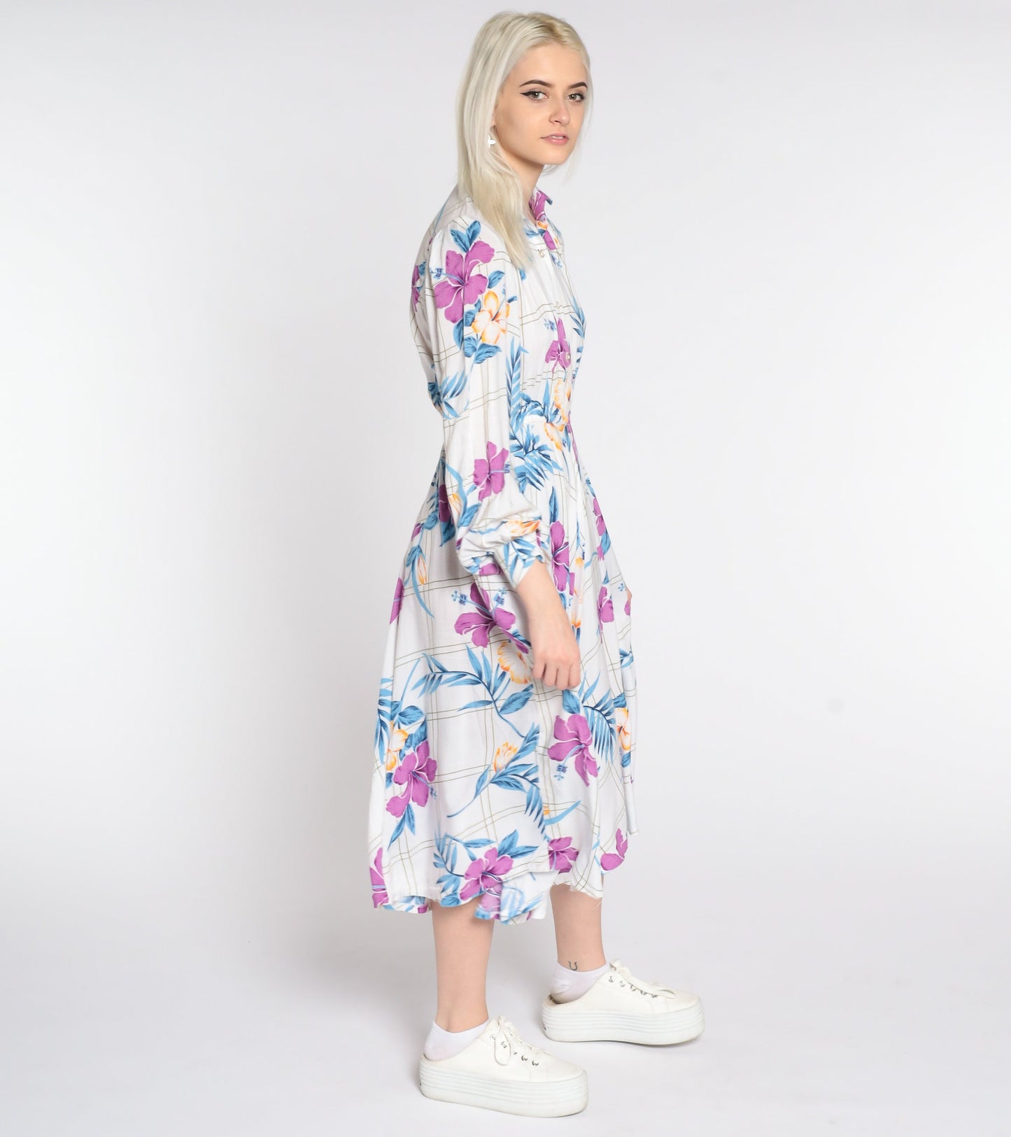 80s White Floral Midi Shirtdress High Waist Long Sleeve Button Up Small Medium