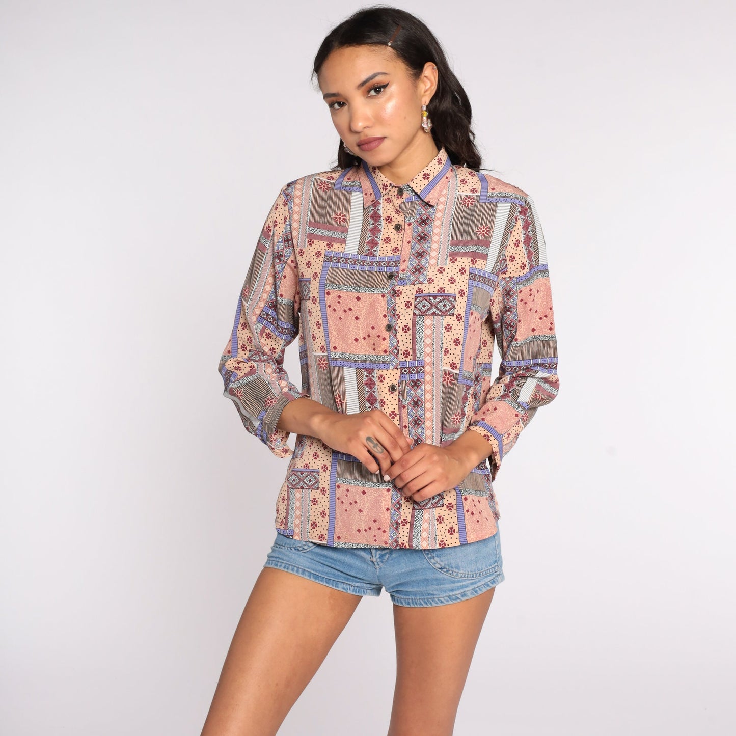 Y2K Patchwork Button-Up Blouse Geometric Paisley Peach Pink Long Sleeve Medium