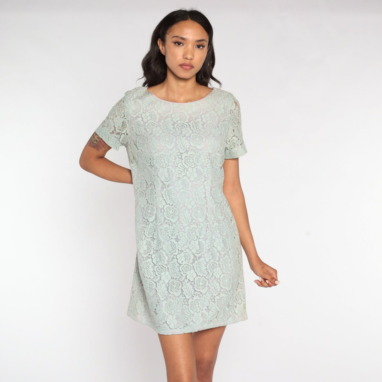60s Baby Blue Lace Mini Dress Mod Shift Sheer Sleeve Medium