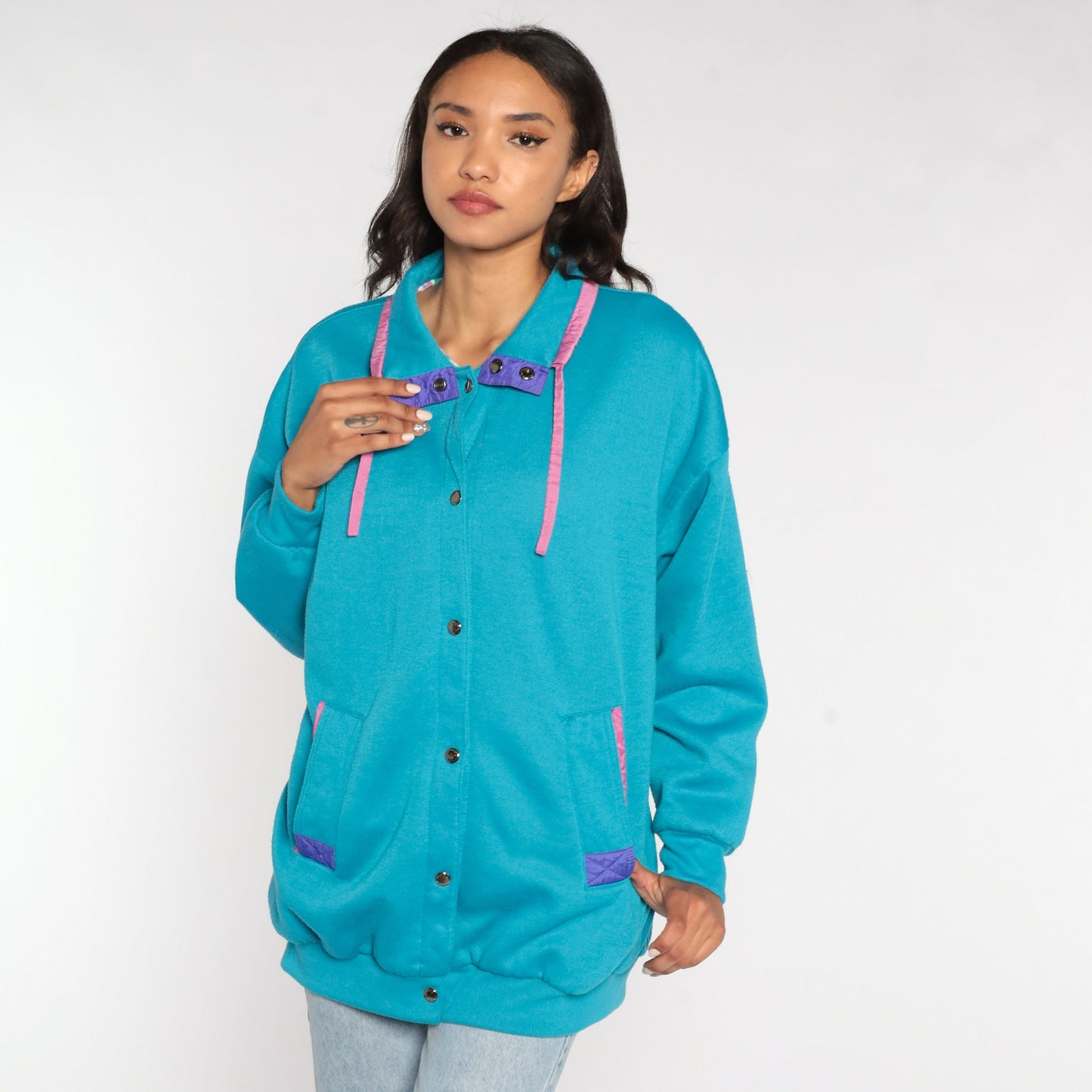 80s Turquoise Windbreaker Jacket Pink Purple Trim Snap Front Cotton Blend