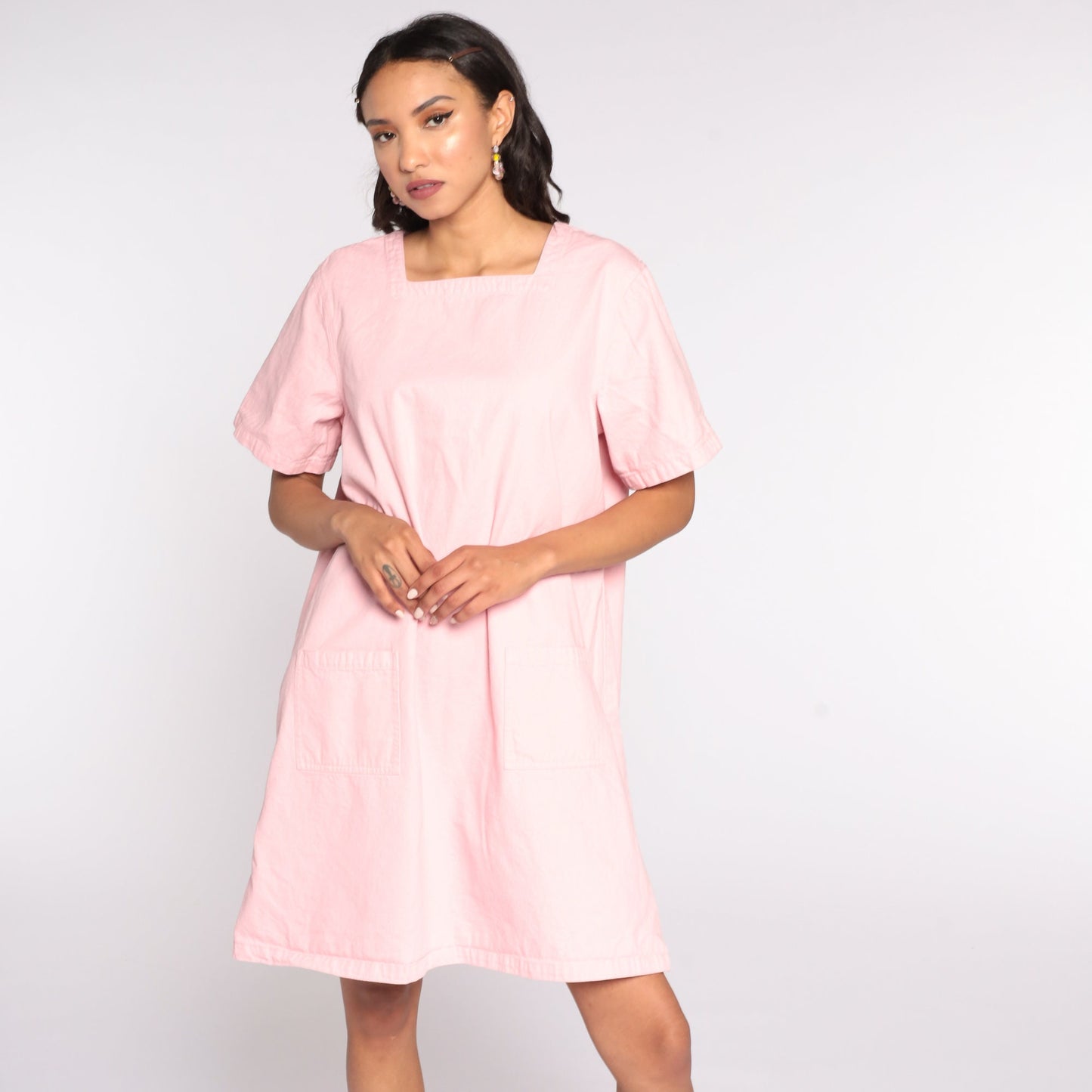 90s Baby Pink Shift Dress Cotton Pocket Mini Extra Large XL