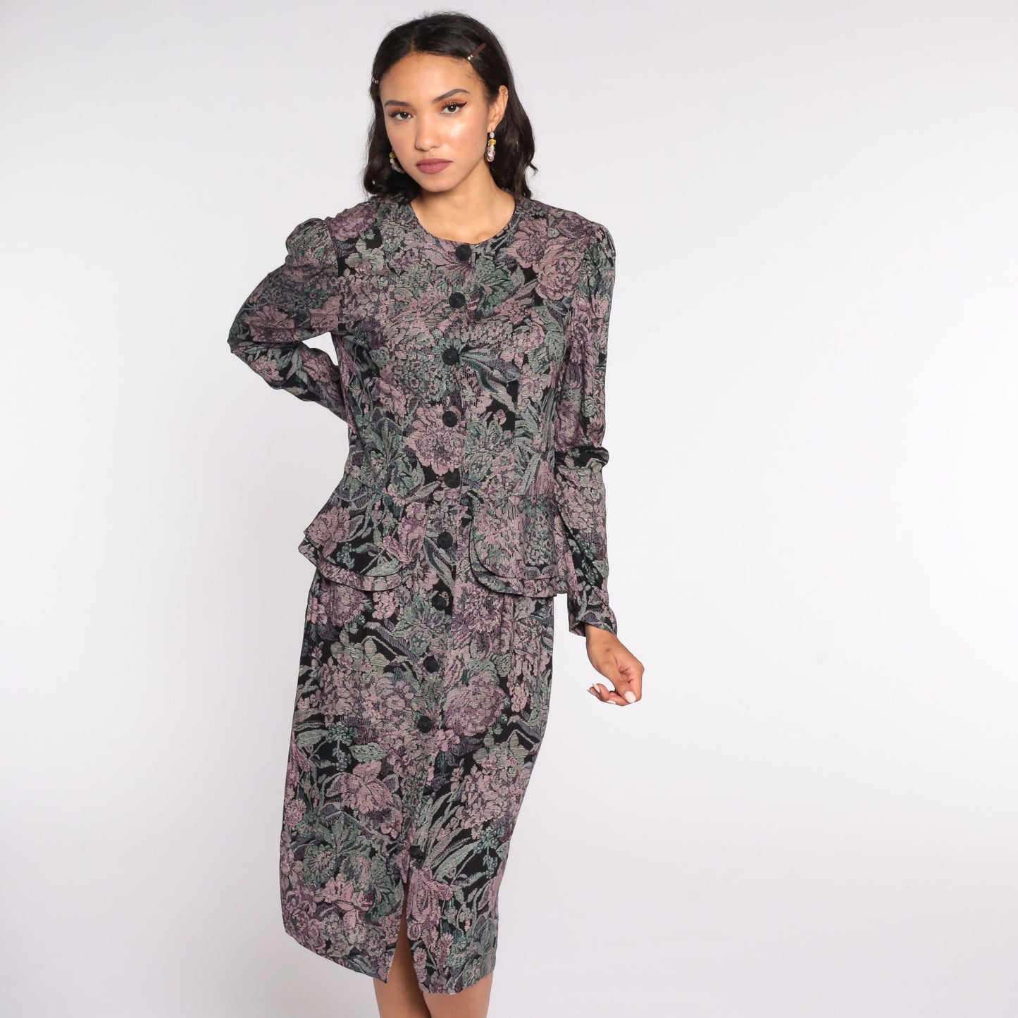 80s Floral Tapestry Midi Dress Puff Sleeve Button-Up Black Purple Medium