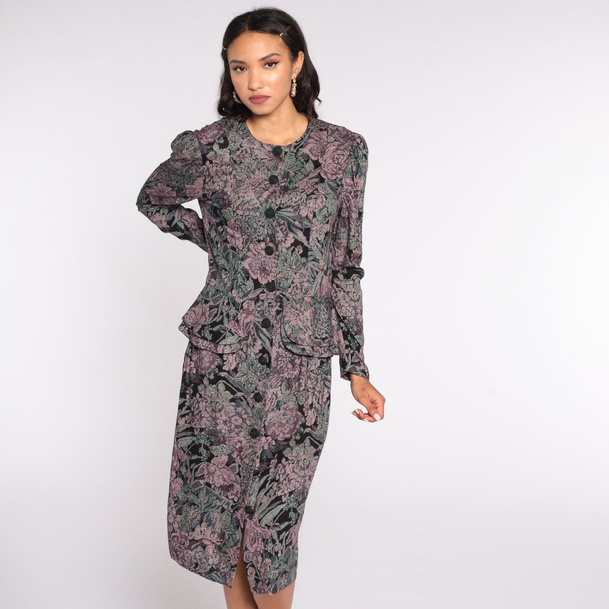 80s Floral Tapestry Midi Dress Puff Sleeve Button-Up Black Purple Medium